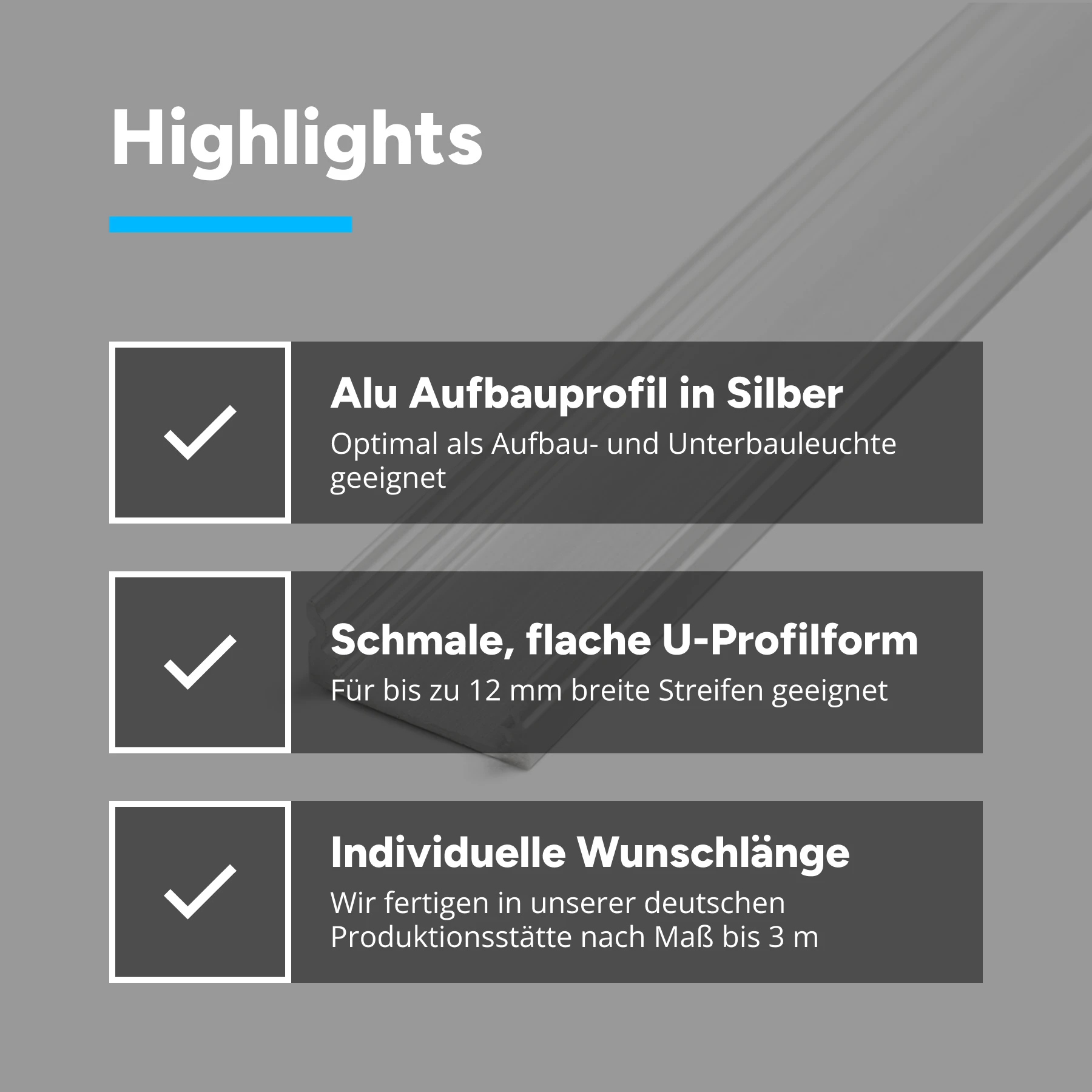 Aluminium LED Aufputz Profil, slim, 1,71 x 0,8 x 15cm - ohne Abdeckung - ohne Endkappen