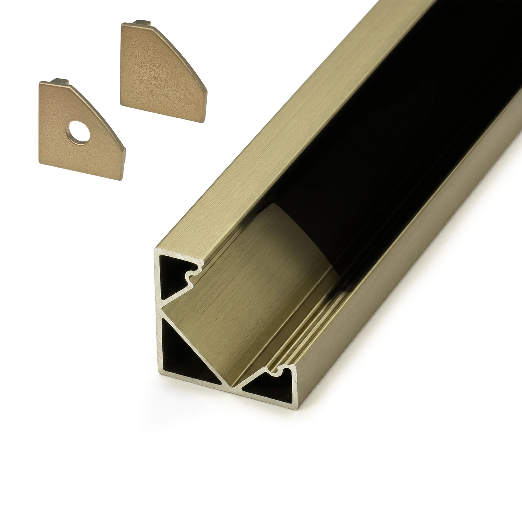 champagnerfarbenes Aluminium LED Eck Profil in Wunschlänge, 90°, 1,80 x 1,80cm 106 cm_mit schwarzer Abdeckung_2er Set - einseitig mit Loch