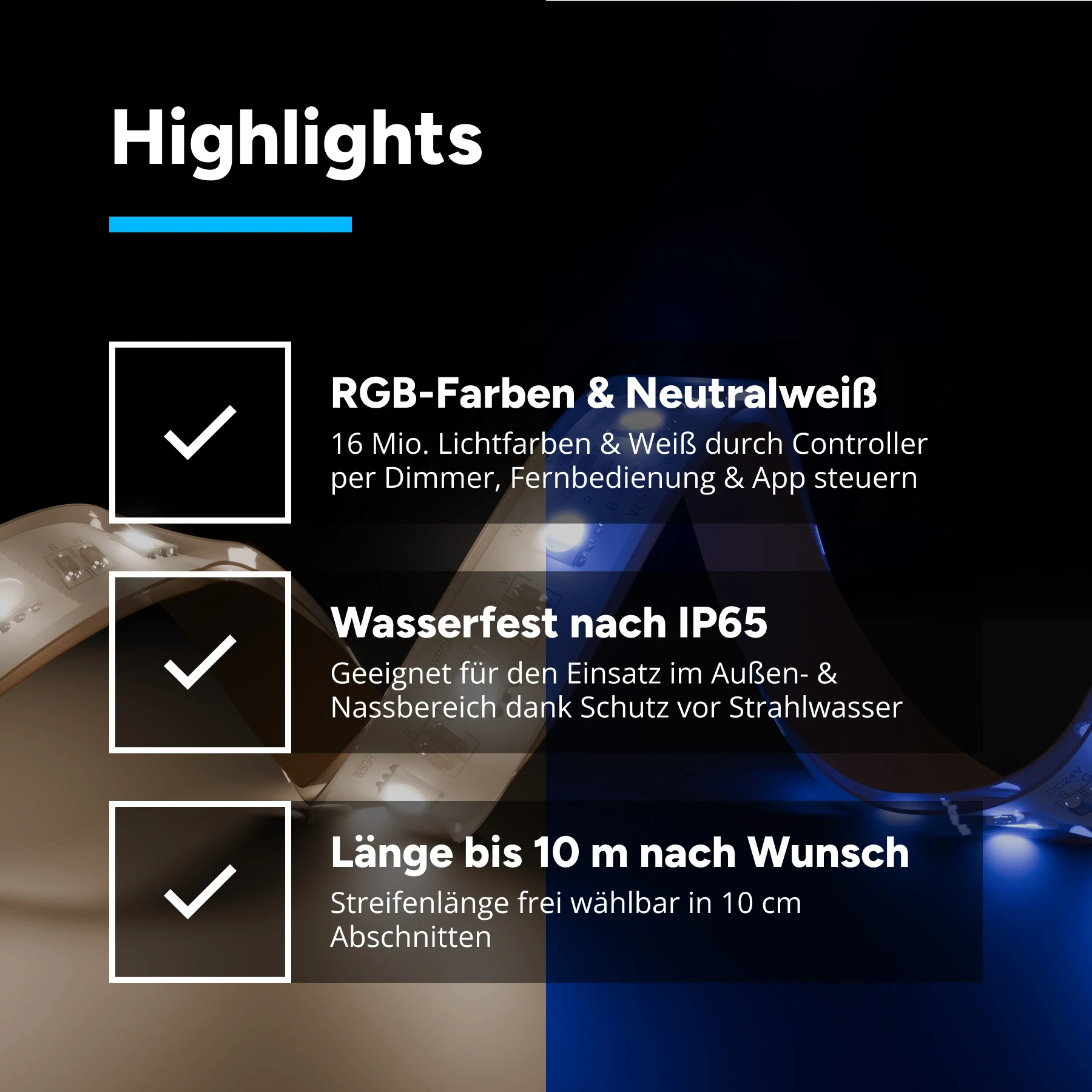 24V wasserfester LED Streifen - RGBW - IP65 - 60 LEDs je Meter - alle 10cm teilbar - 10cm - 6 LED Chips - 1,4 Watt - 120 Lumen - 15cm Eingangskabel mit offenen Enden