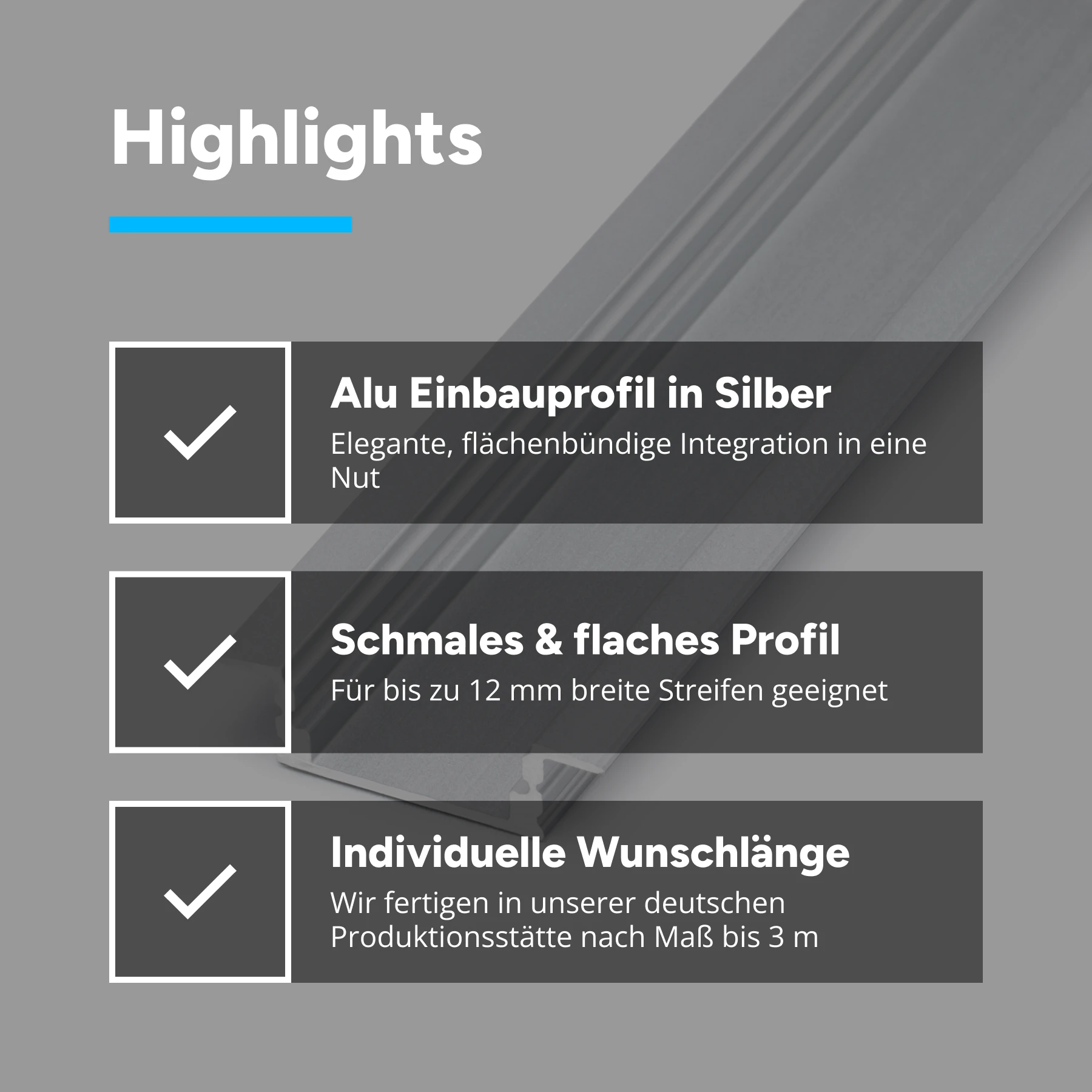 Aluminium LED Einbau Profil, slim, 2,32 x 0,8 x 15cm - ohne Abdeckung - ohne Endkappen