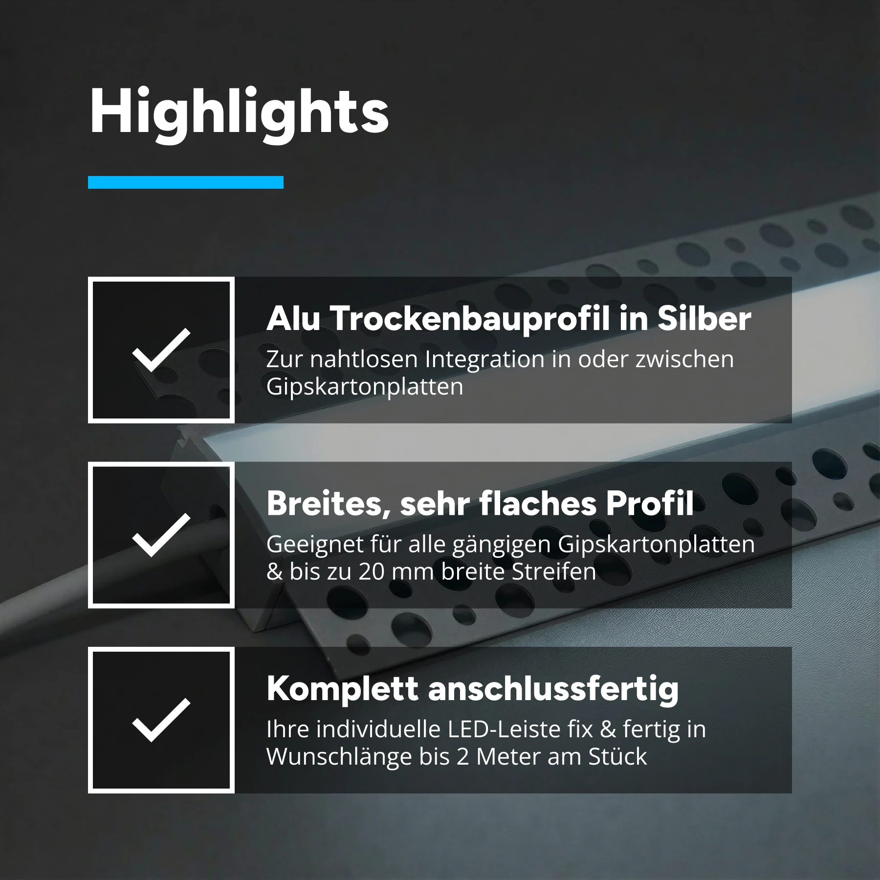 24V Aluminium Trockenbau High Power LED Leiste - weiß - diffuse Abdeckung - 36cm - 80 High Power LEDs - 6,4 Watt - 1063 Lumen