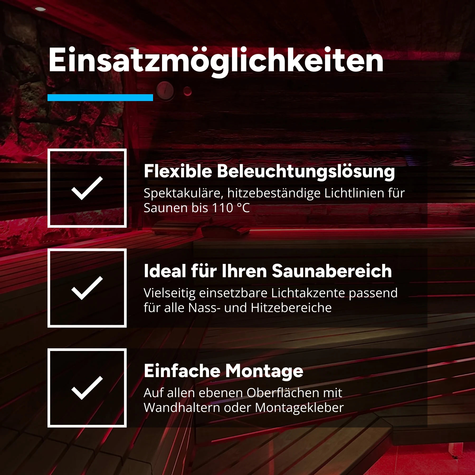 24V wasserfeste Sauna Einbau LED Leiste - hitzebeständig - RGB - diffuse Abdeckung - IP68 - 35cm - 18 LEDs - 1,1 Watt - 41 Lumen - 100cm Eingangskabel mit offenen Enden - ohne Ausgangskabel (geschlossene Endkappe)