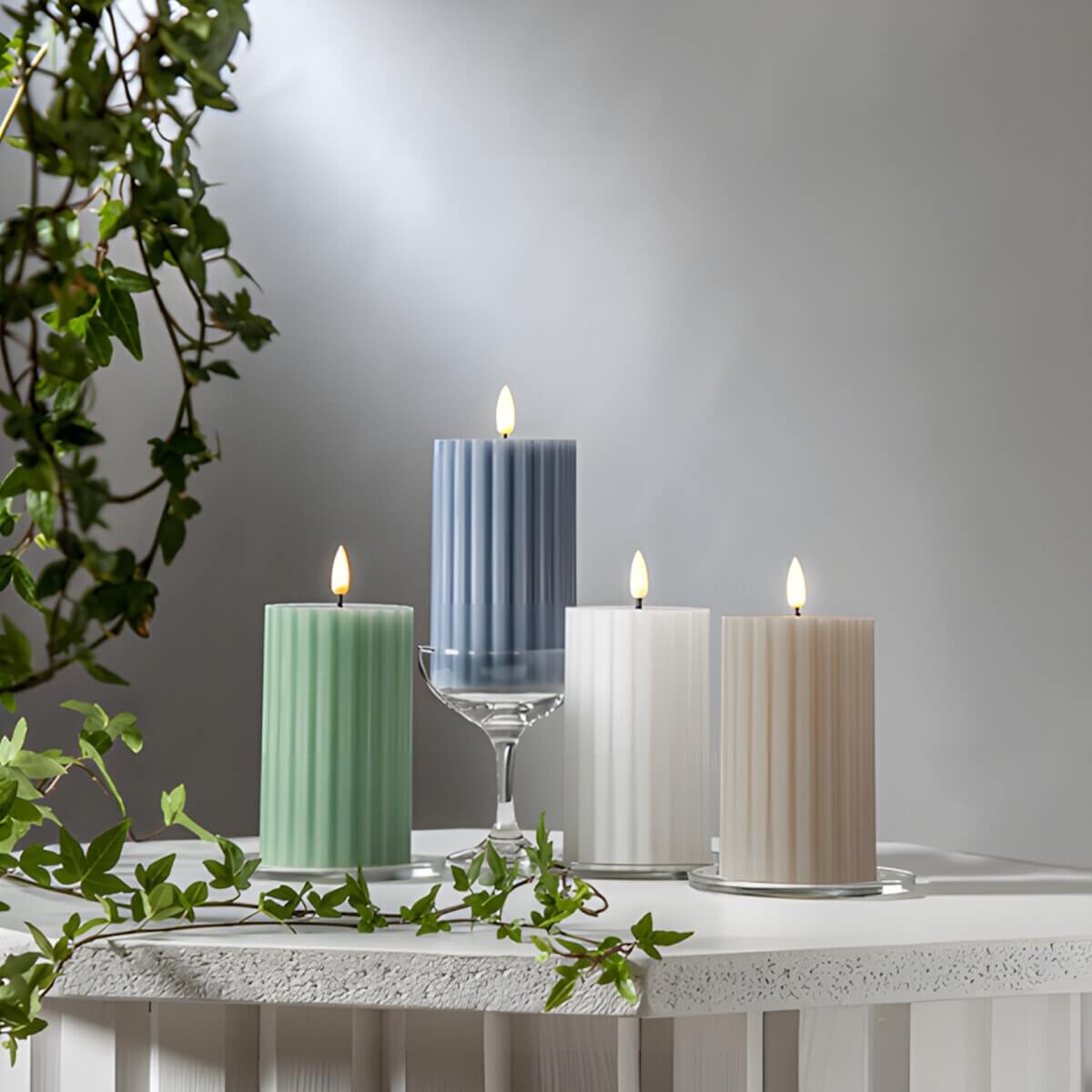 Flamme Stripe - Kerze für innen - Blau - Höhe: 15,0 cm - Batteriebetrieb - Timer - flackernd