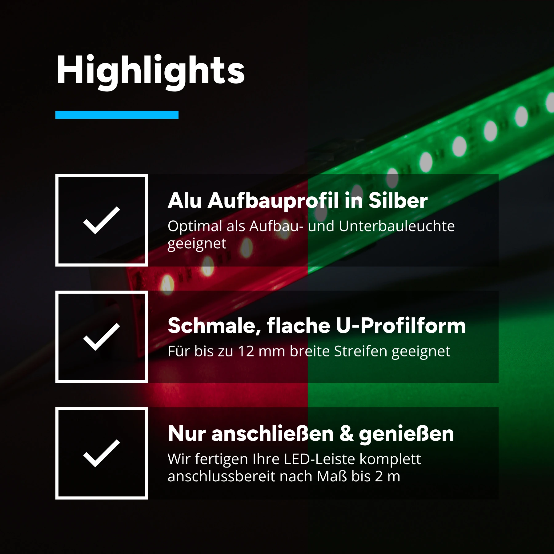 Slim-Line Alu LED-Leiste 120° -  Abdeckung klar - 24V - RGB Farbwechsel - 23cm mit 14 RGB LEDs - 2.9Watt / 140 Lumen