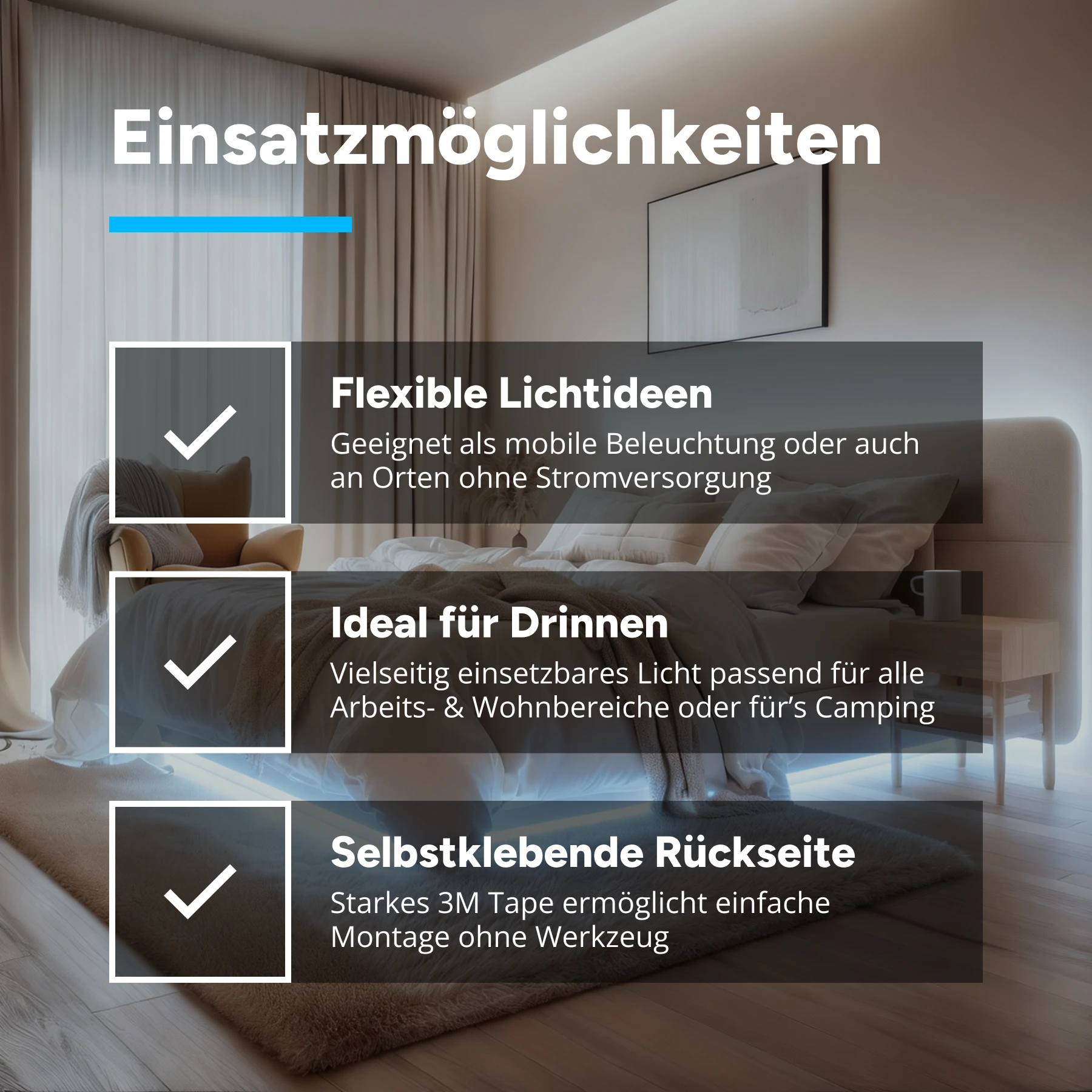 Batteriebetriebenes LED Streifen Set, Lichtfarbe Weiß, 9V Block