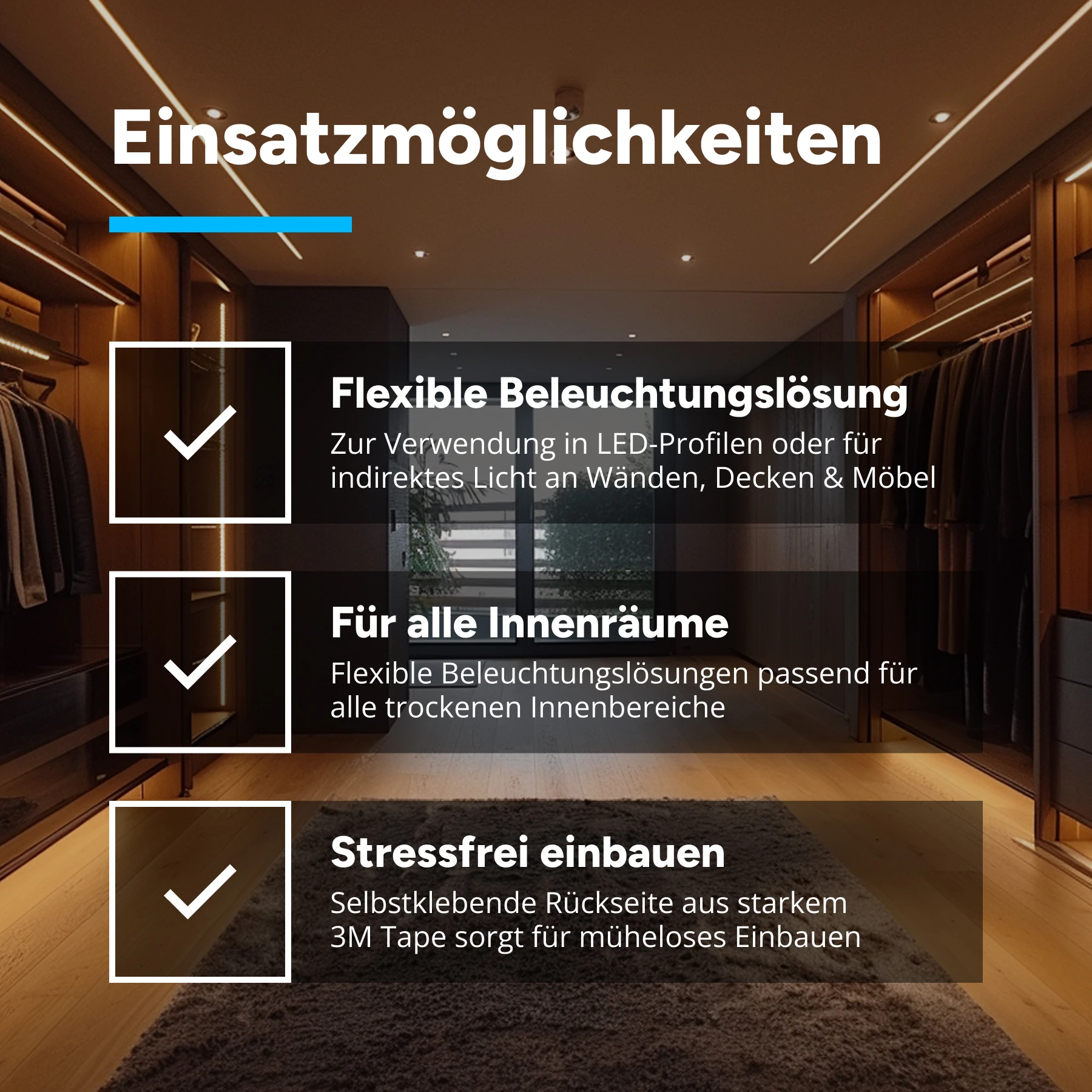 24V COB LED Streifen - warmweiß  - alle 1cm teilbar - 10mm breit - 170cm - 1020 LED Chips - 30,6 Watt - 2414 Lumen - mit 2 Steckerbuchsen - kein Löten - 100cm Anschlußkabel zum Netzteil