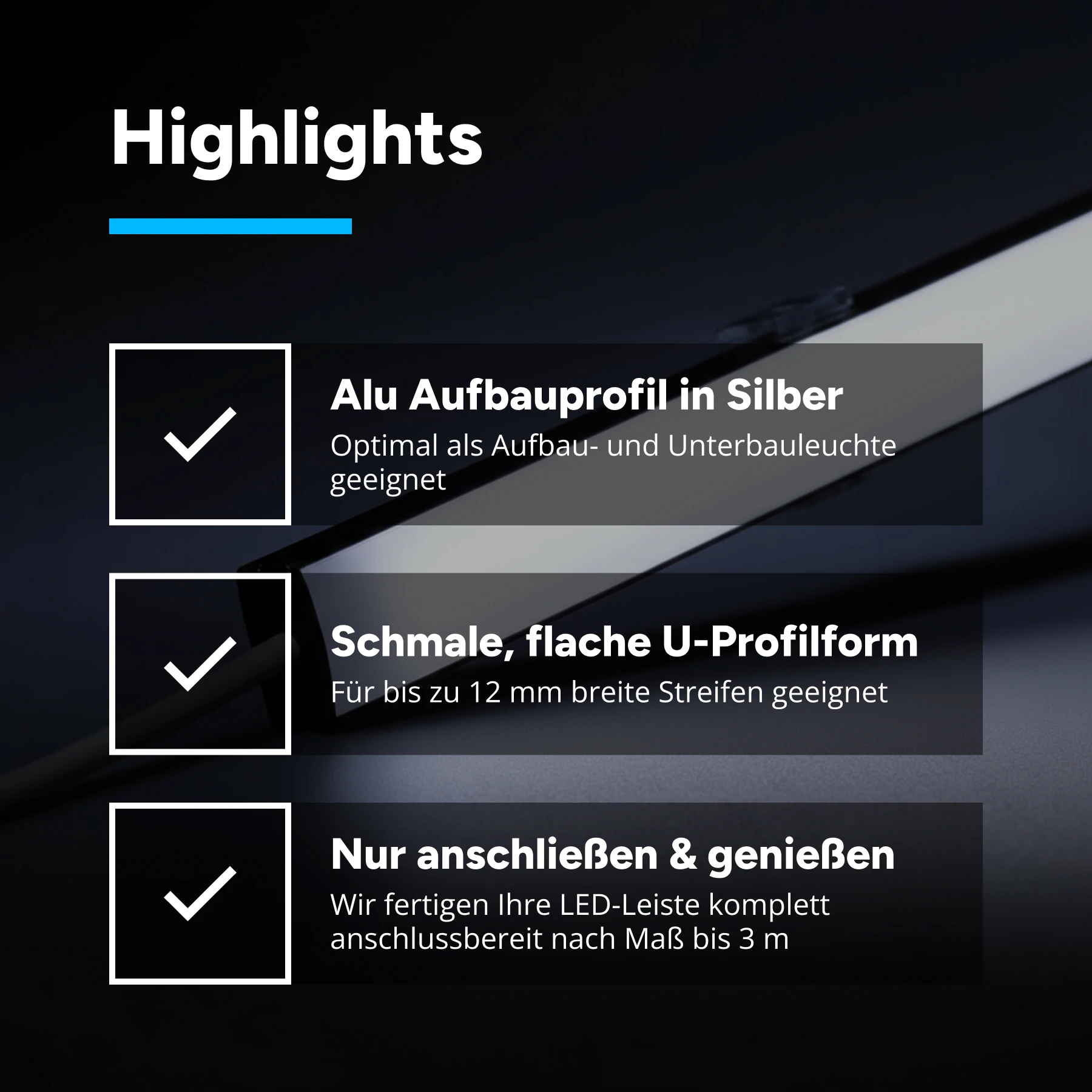 24V Slim-Line Aluminium LED Leiste - COB - weiß - diffuse Abdeckung - mit Ausgangskabel ( zum Anschluss einer weiteren LED- Leiste ) - kein Anschlußkabel zum Netzteil - 33cm - 144 LEDs - 3,6 Watt - 360 Lumen