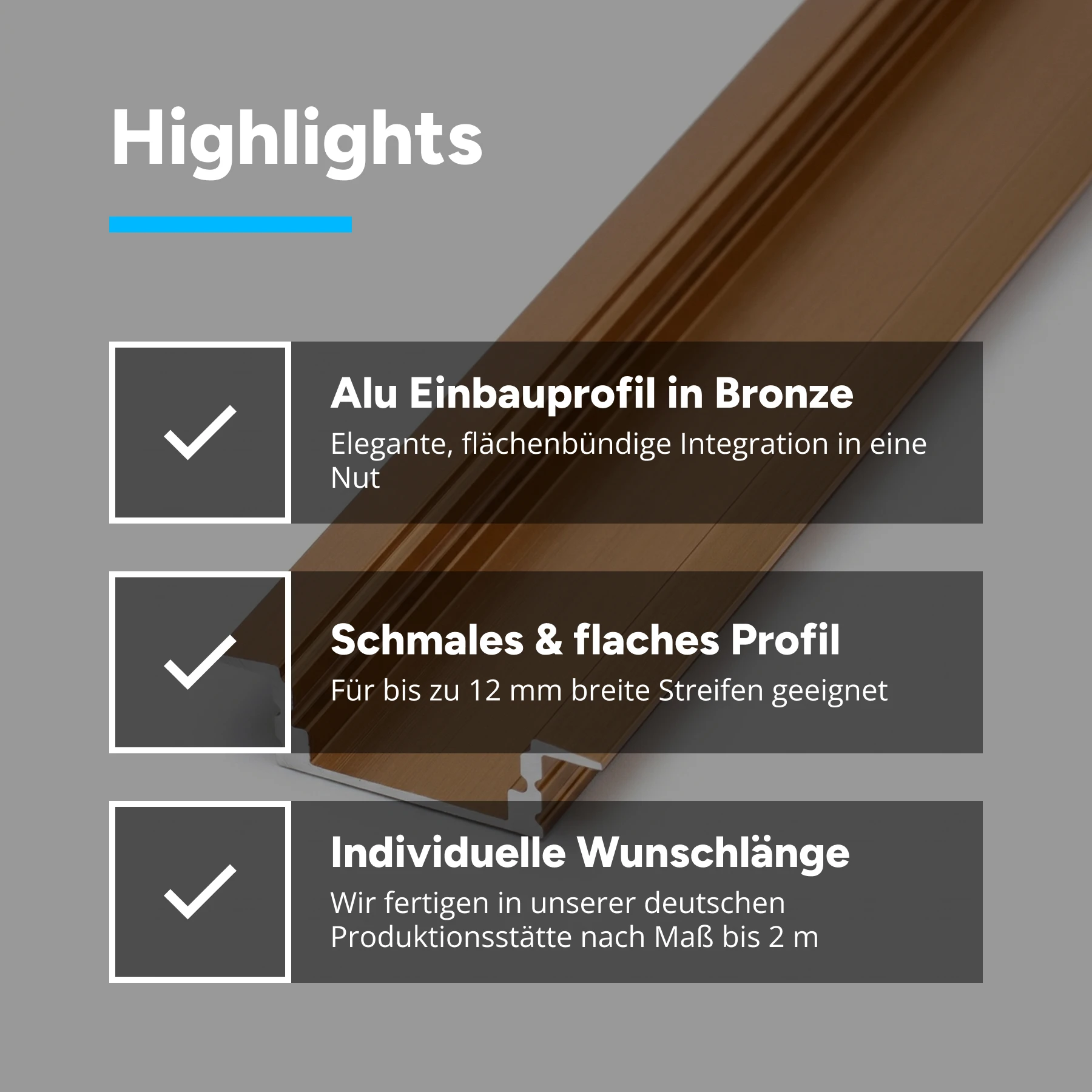 bronzenes Aluminium LED Einbau Profil in Wunschlänge, slim, 2,48 x 0,7cm 15 cm_ohne Abdeckung_ohne Endkappen