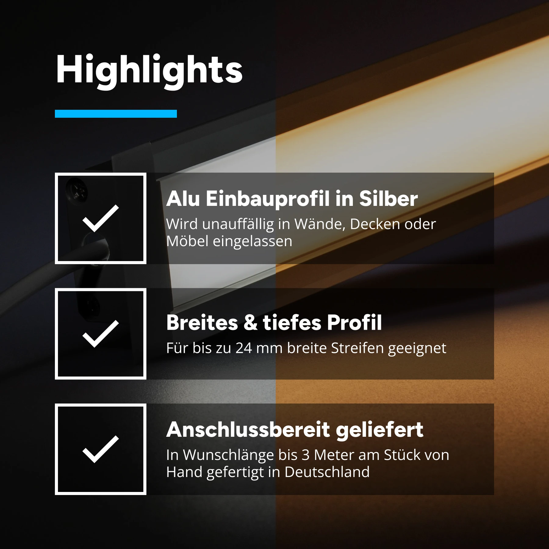 24V wasserfeste Aluminium Einbau LED Leiste - einstellbare Farbtemperatur - diffuse - IP65 - bis 3m Länge - 293cm - 348 LED Chips - 70 Watt - 5422 Lumen - 300cm Eingangskabel mit offenen Enden - 500cm Ausgangskabel mit offenen Enden