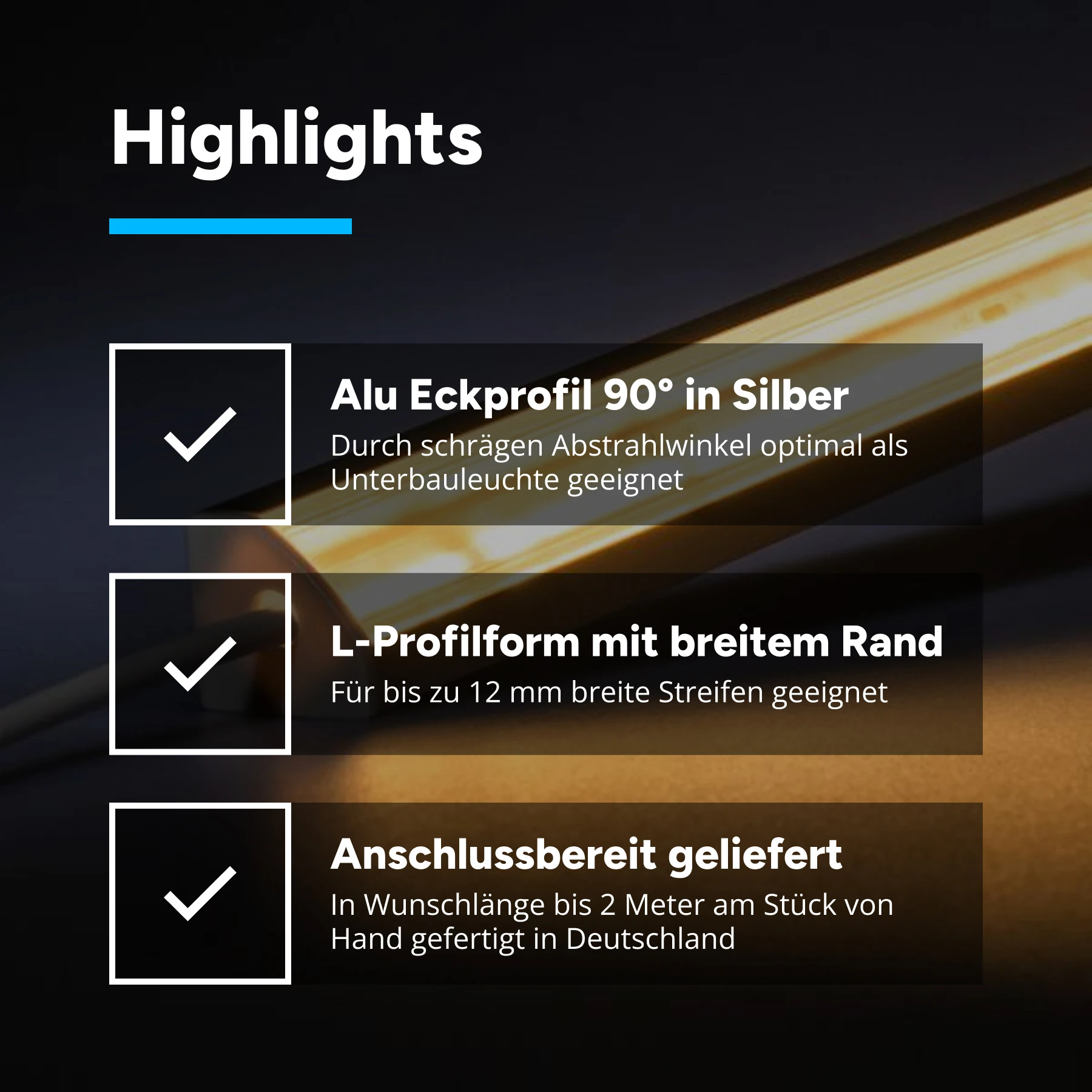 24V  Aluminium LED Eckleiste – COB - warmweiß – transparente Abdeckung - kein Anschlußkabel zum Netzteil - 33cm - 144 - LED Chips - 4 Watt - 360 Lumen