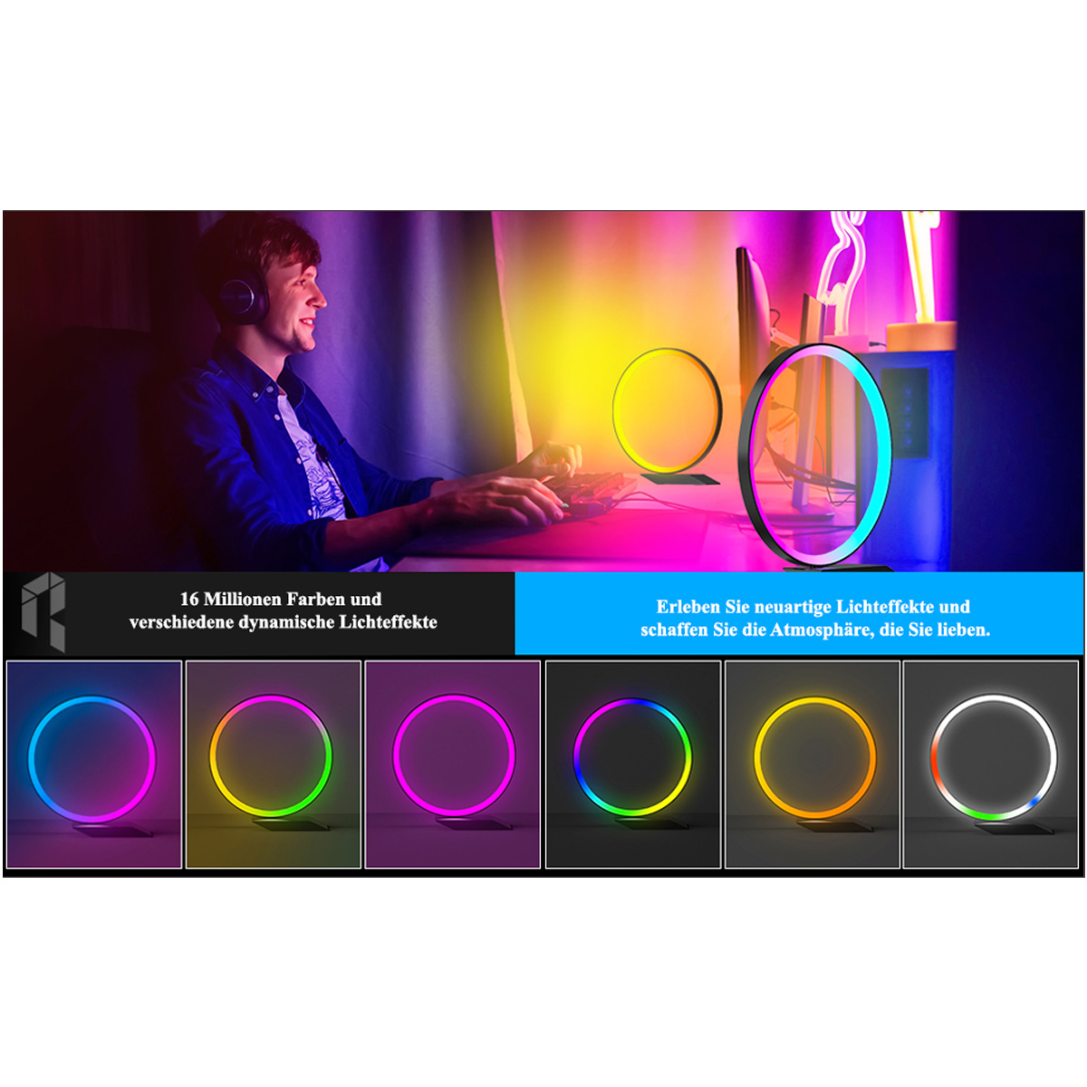 Smarte LED Tisch-Ringleuchte - RGB mit modernem Standfuß in Schwarz