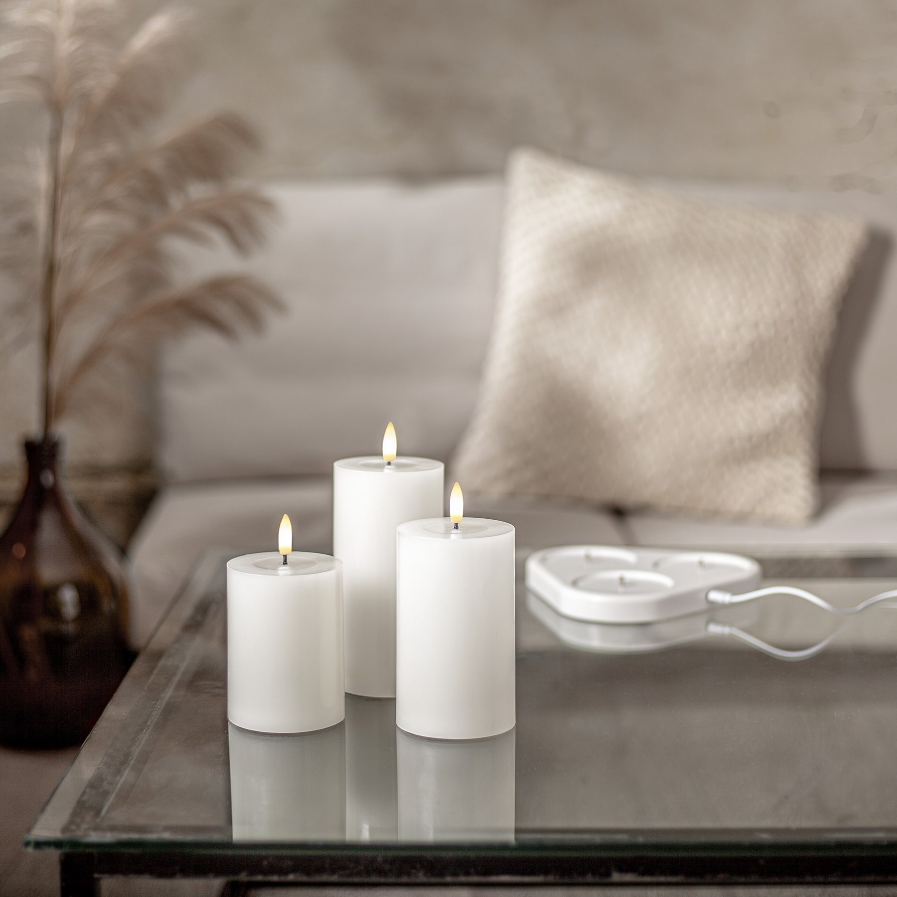 Kerzen Set für innen - Weiß - Höhe: 10/ 12,5/ 15 cm - Akkubetrieb - Timer - flackernd