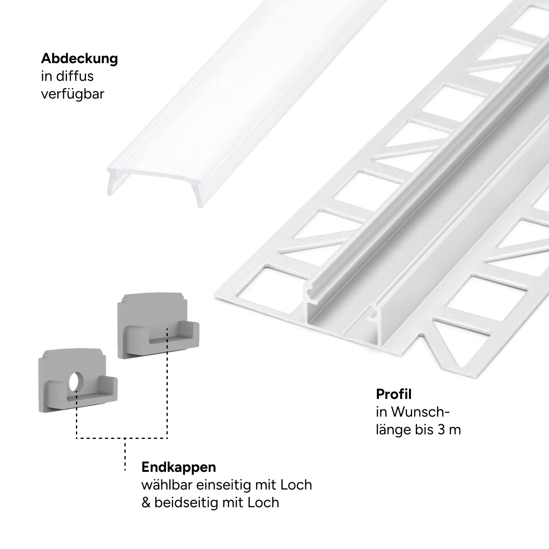 Aluminium LED Fliesenprofil, ideal, 1,69 x 1,1 x 15cm - ohne Abdeckung - ohne Endkappen