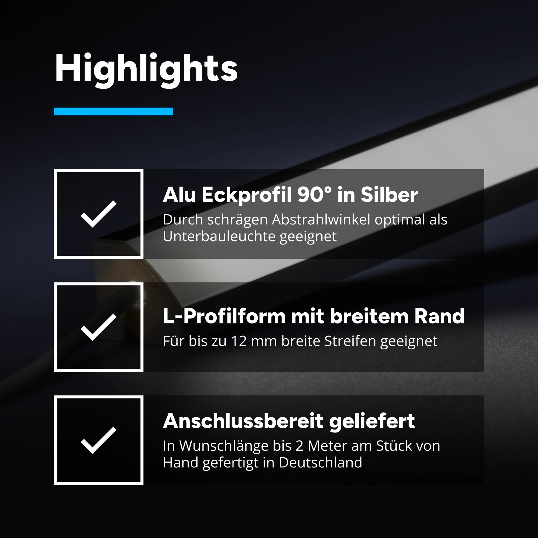 12V Aluminium LED Eckleiste - High Power - weiß - diffuse Abdeckung - 33cm - 36 High Power LEDs - 5,7 Watt - 934 Lumen  - kein Anschlußkabel zum Netzteil - mit Ausgangskabel ( zum Anschluss einer weiteren LED- Leiste )