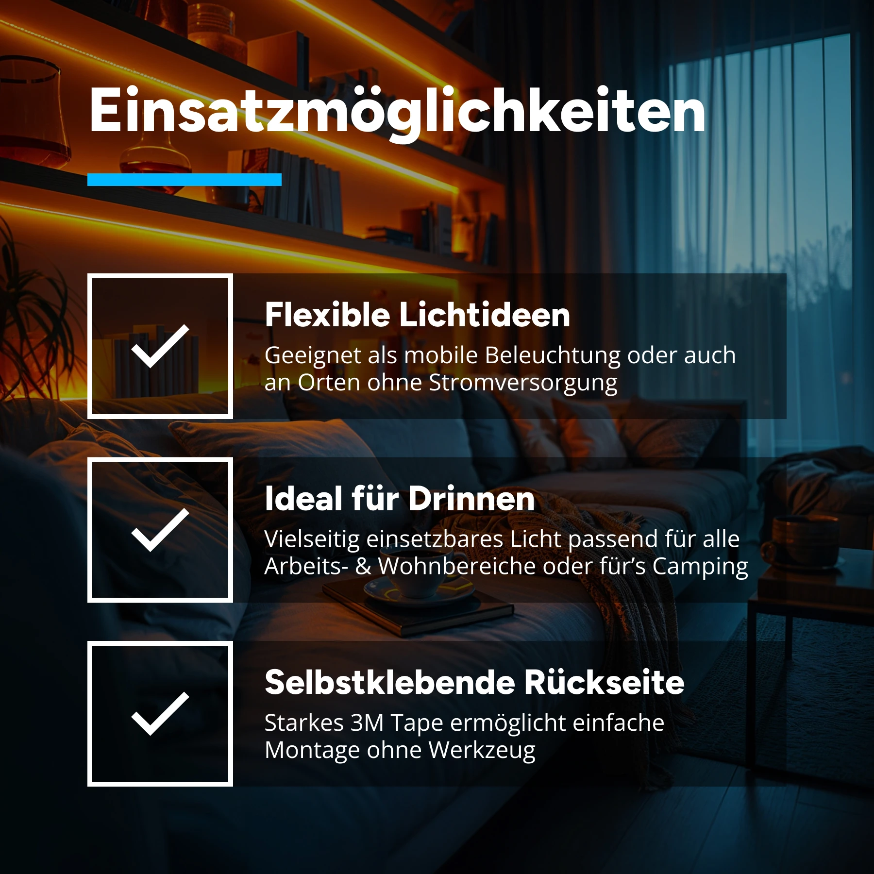 Batteriebetriebenes LED Streifen Set, Lichtfarbe Warmweiß, 9V Block