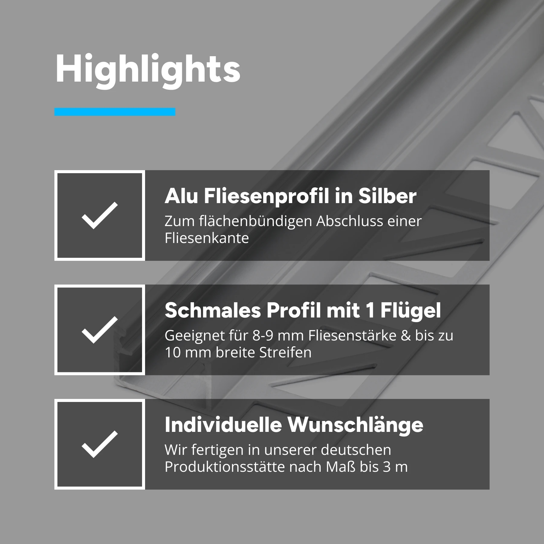 Aluminium LED Profil Fliesenabschluss, ideal, 1,7 x 1,1 x 15cm - ohne Abdeckung - ohne Endkappen