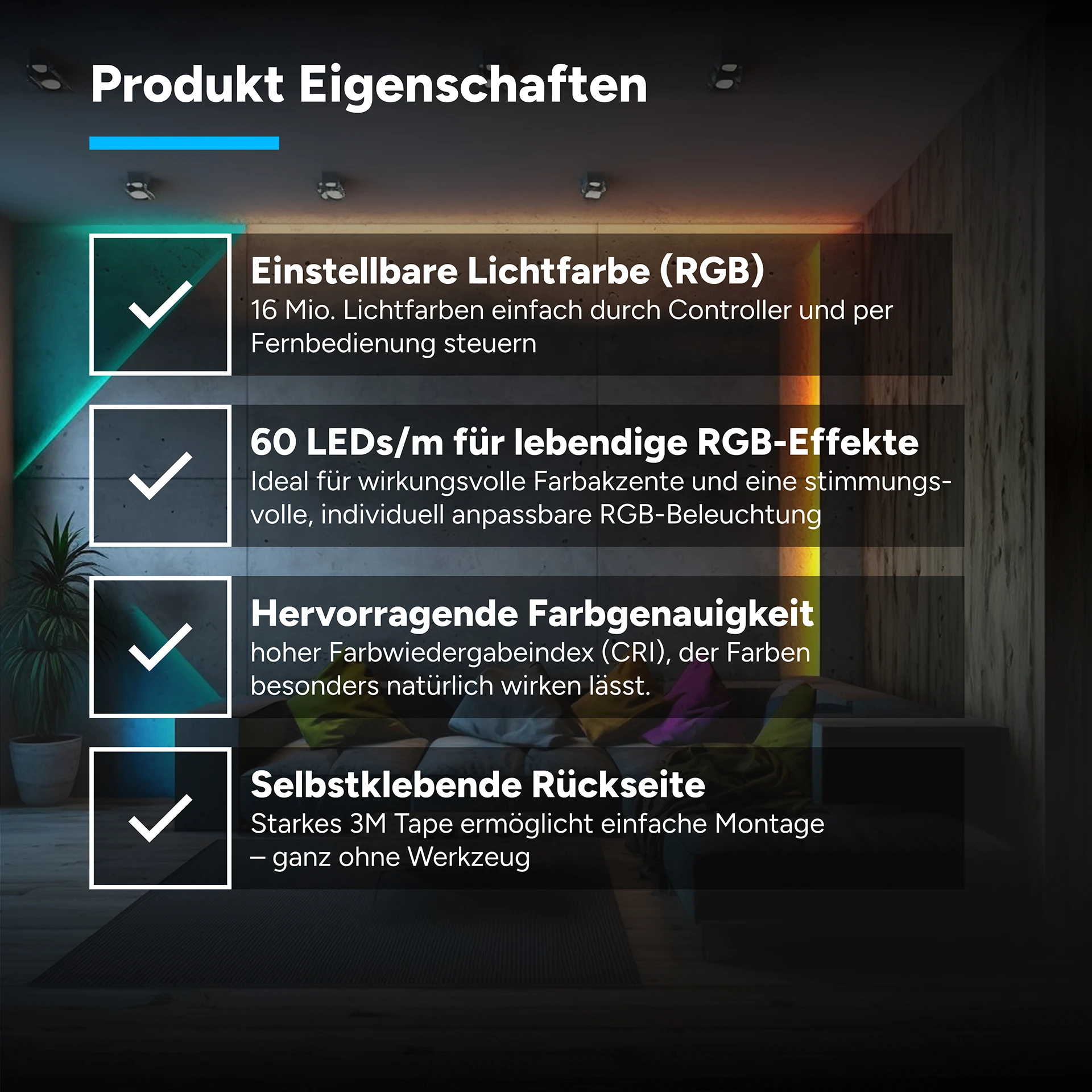 24V LED Streifen Set, 500 cm, Lichtfarbe RGB, mit Netzteil und schwarzer Fernbedienung