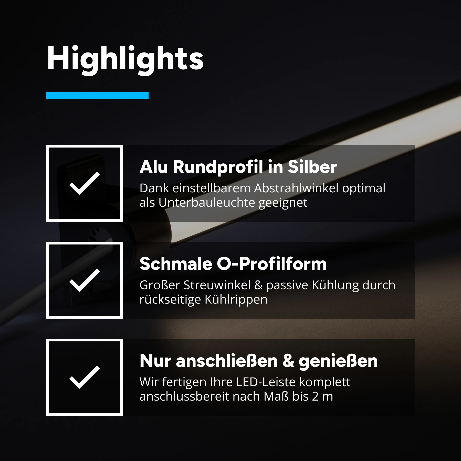 24V Aluminium LED Leiste - einstellbare Abstrahlrichtung - COB - weiß - diffuse Abdeckung - kein Anschlußkabel zum Netzteil - 33cm - 144 LED Chips - 4 Watt - 360 Lumen