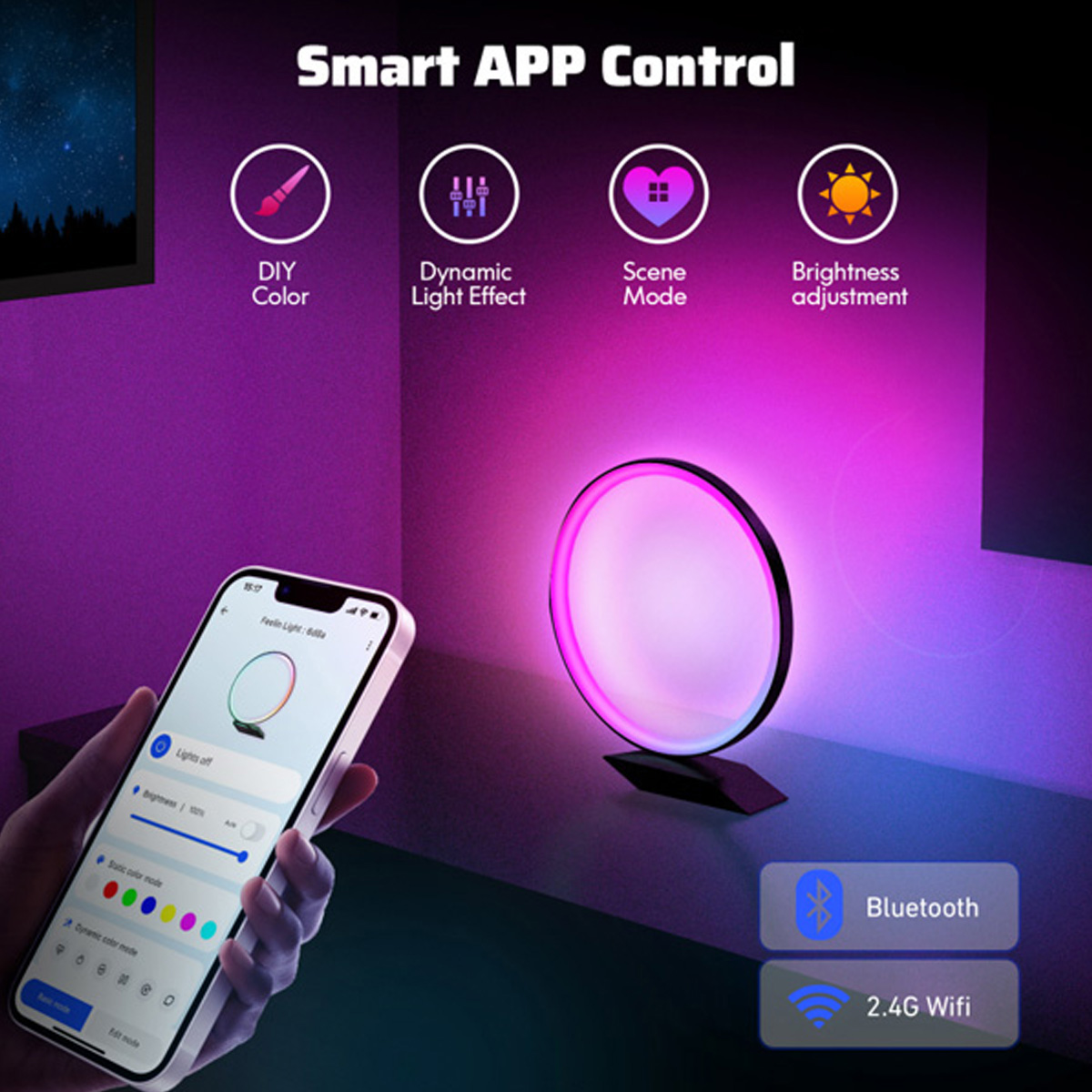 Smarte LED Tisch-Ringleuchte - RGB mit modernem Standfuß in Rosé