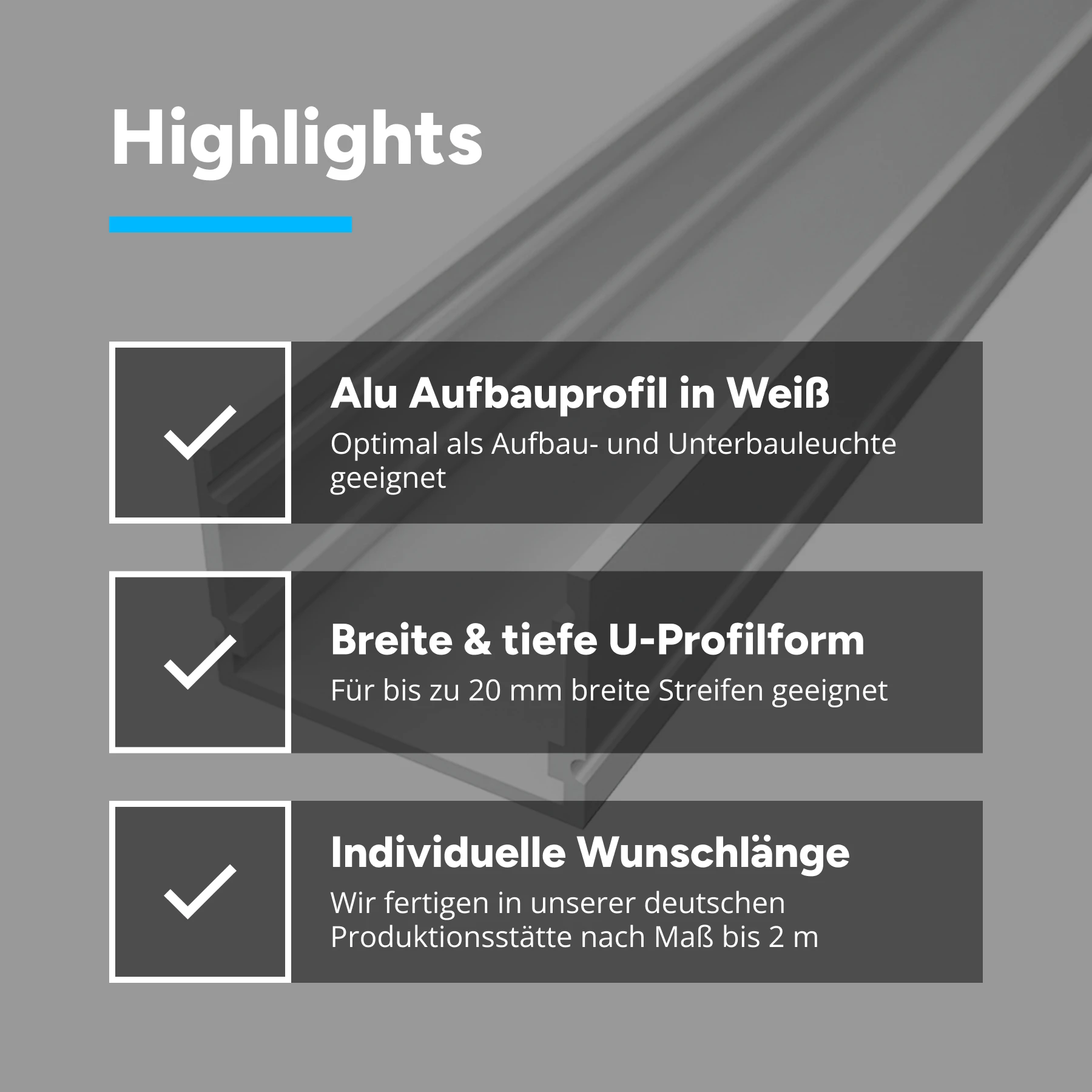 weißes Aluminium LED Aufputz Profil, Classic Maxi, 3,0 x 2,0 x 15cm - ohne Abdeckung - ohne Endkappen