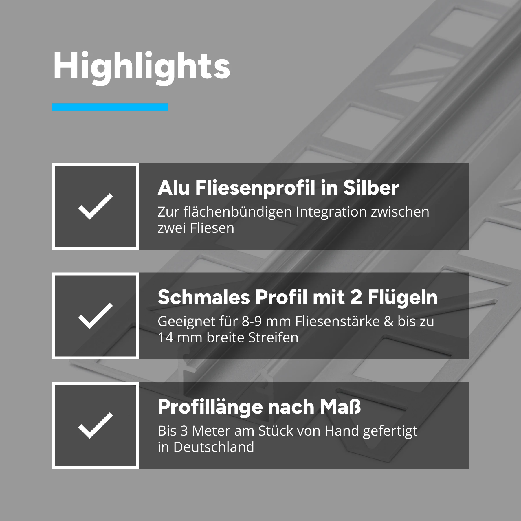 Aluminium LED Fliesenprofil, ideal, 1,69 x 1,1 x 15cm - ohne Abdeckung - ohne Endkappen