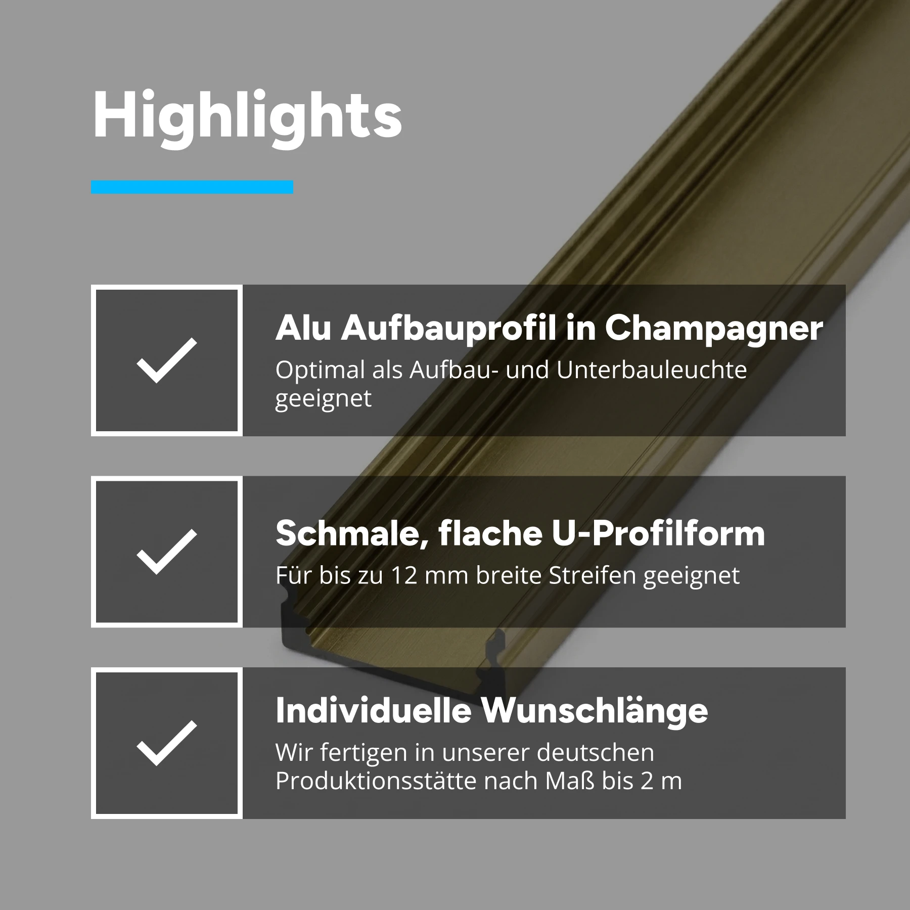 champagnerfarbenes Aluminium LED Aufputz Profil, slim, 1,72 x 0,7 x 15cm - ohne Abdeckung - ohne Endkappen