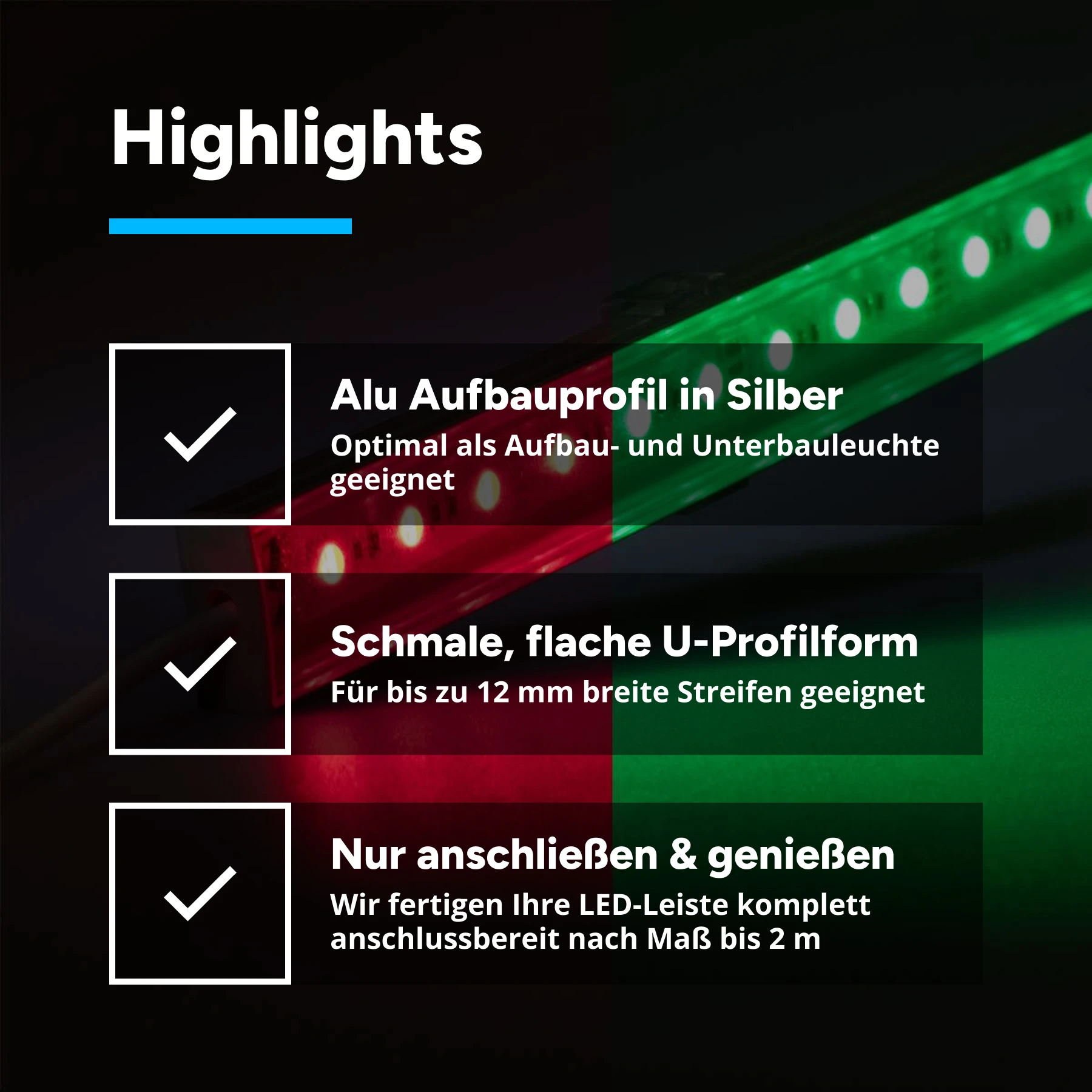 Double-Line RGB-LED-Leiste 24V - klare Abdeckung - 23cm mit 24 RGB-LEDs - 5,76Watt