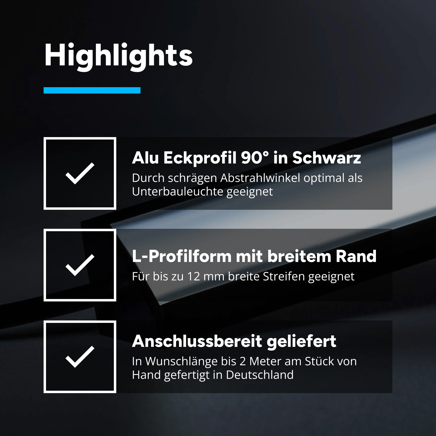 24V Black Line LED Eckleiste - COB - weiß - schwarze Abdeckung - 33cm - 144 LED Chips - 4 Watt - 360 Lumen - kein Anschlußkabel zum Netzteil - mit Ausgangskabel ( zum Anschluss einer weiteren LED- Leiste )