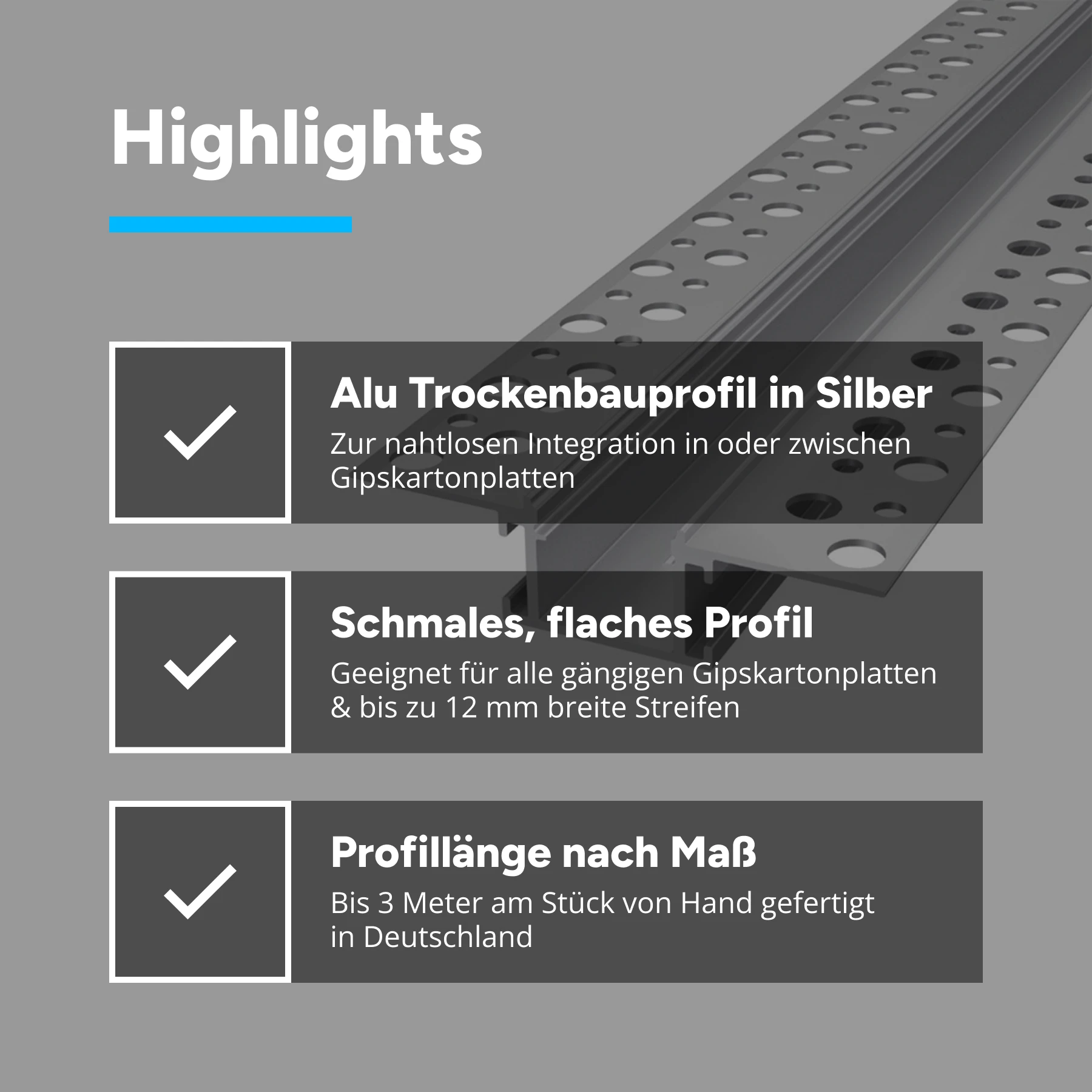 Aluminium LED Unterputz Profil, Trockenbau, schmal, 1,69 x 1,48 x 290cm - ohne Abdeckung - 2er Set - einseitig mit Loch