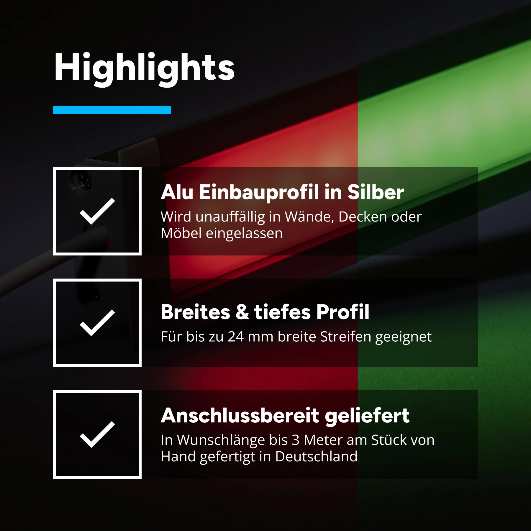 24V wasserfeste Aluminium Einbau LED Leiste - RGB - diffus - IP65 - bis 3m Länge - 23cm - 12 LED Chips - 3 Watt - 100 Lumen - 100cm Eingangskabel mit offenen Enden - ohne Ausgangskabel (geschlossene Endkappe)