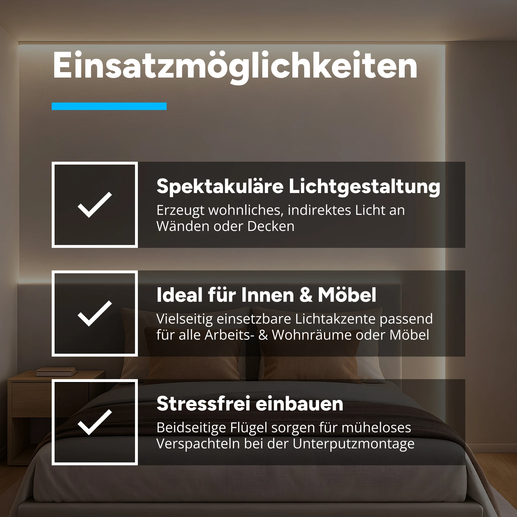 3m Aluminium Trockenbau Wand Profil mit 24V COB LED Streifen, Drywall Elegance Weiß variabel - 2700K - 6000K ohne Netzteil und ohne Fernbedienung
