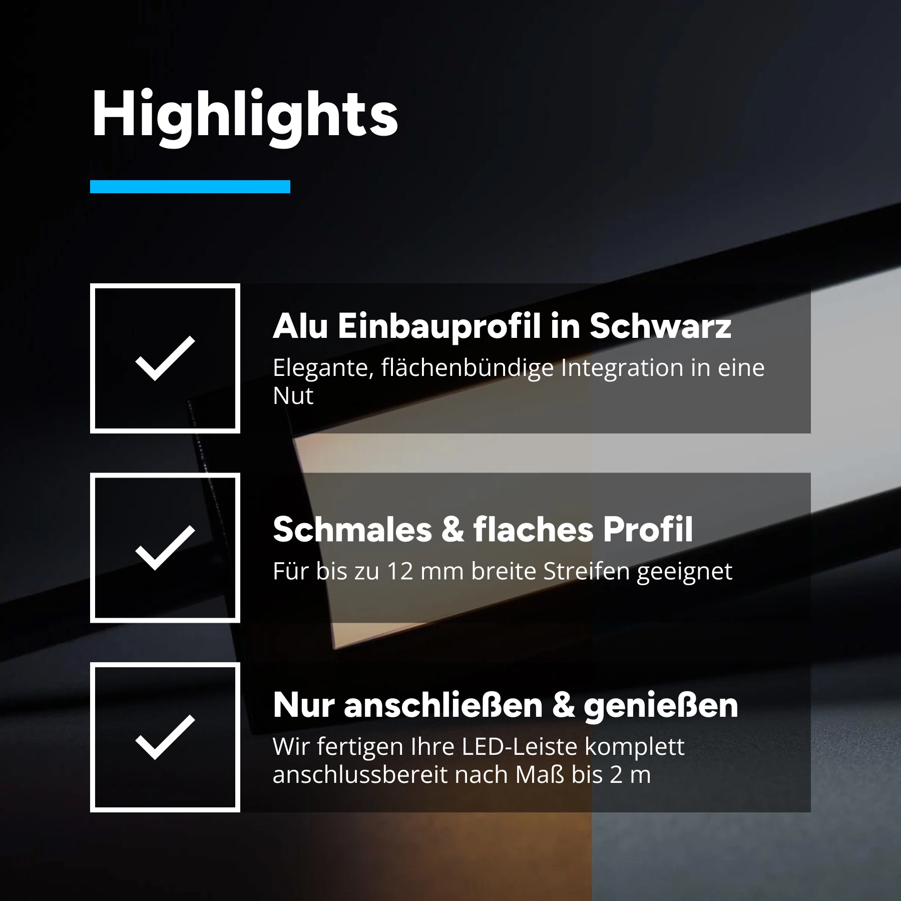 24V Black Line Aluminium Einbau LED Leiste - schmal - COB - Farbtemperatur einstellbar - diffuse Abdeckung - 33cm - 182 LED Chips - 6,6W - 660 Lumen