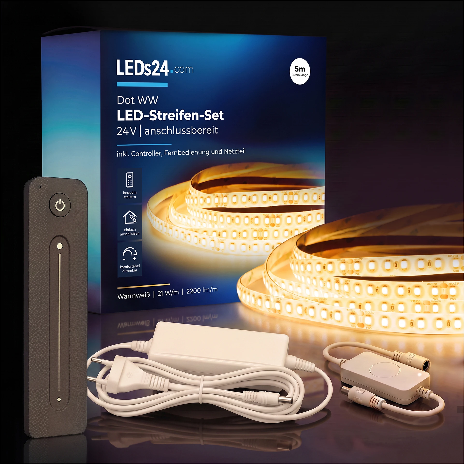 24V LED Streifen Set, 500 cm, Lichtfarbe warmweiß, mit Netzteil und schwarzer Fernbedienung
