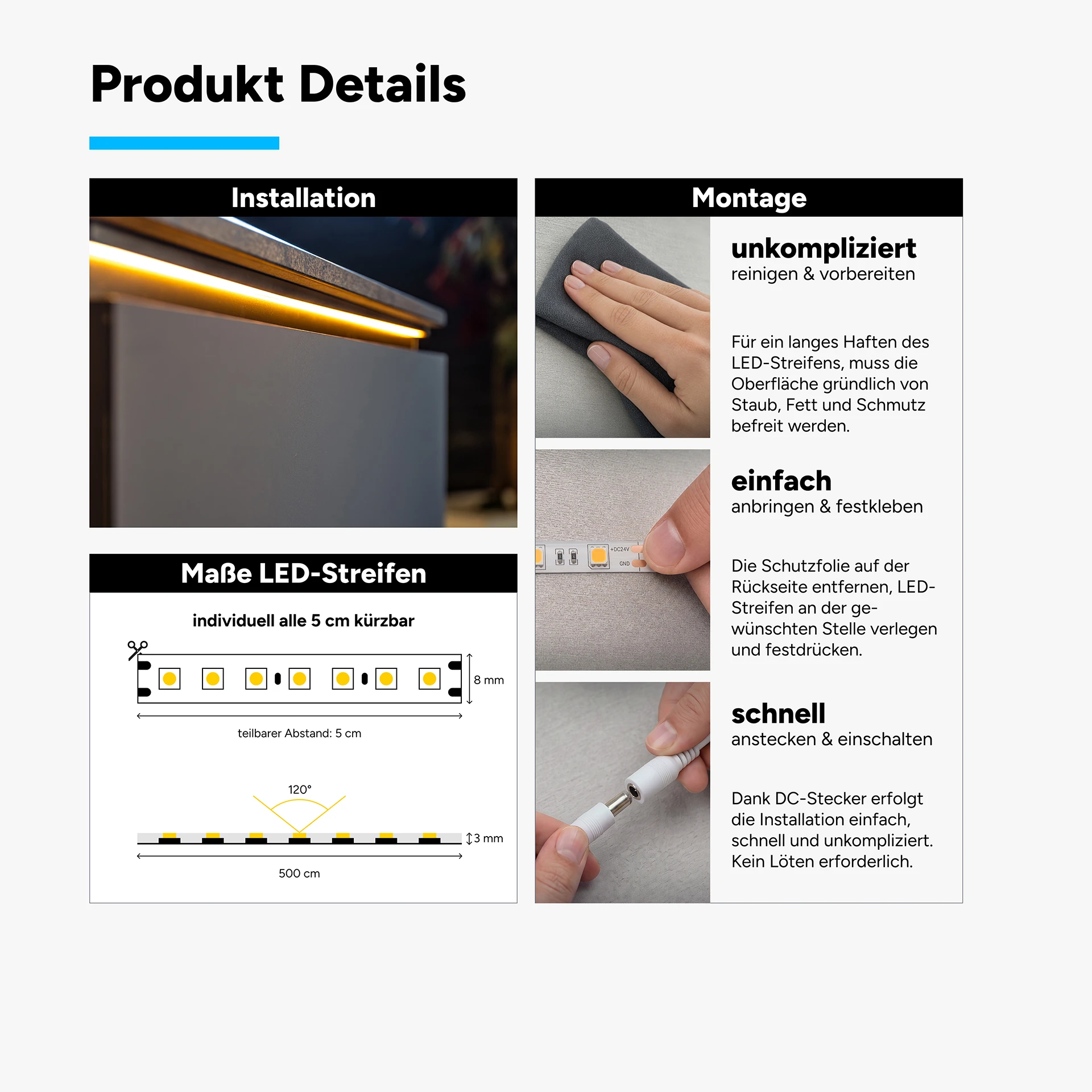 24V LED Streifen Set, 500 cm, Lichtfarbe warmweiß, mit Netzteil und weißer Fernbedienung