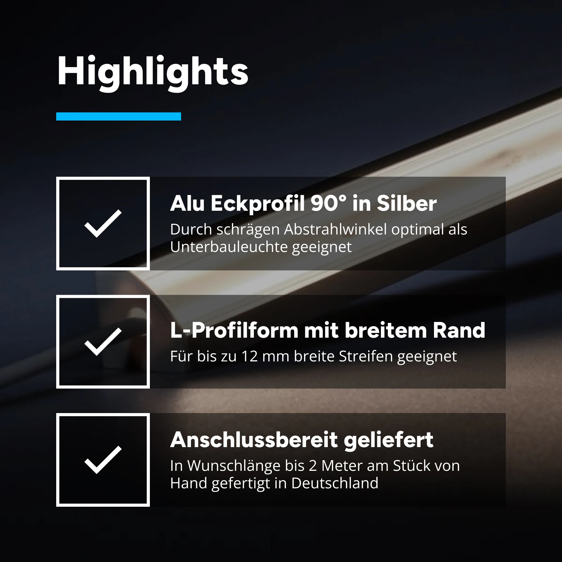 24V Aluminium LED Eckleiste - COB - weiß - transparente Abdeckung - kein Anschlußkabel zum Netzteil - 33cm - 144 - LED Chips - 4 Watt - 360 Lumen