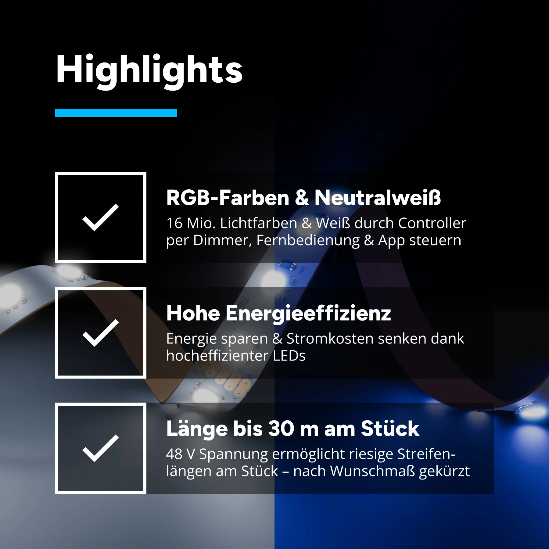 48V LED Streifen - RGBW - 72 LEDs je Meter - alle 16,7cm teilbar - 2383,3cm - 1716 LED Chips - 275 Watt - 8103 Lumen - ohne Steckerbuchsen 5polig