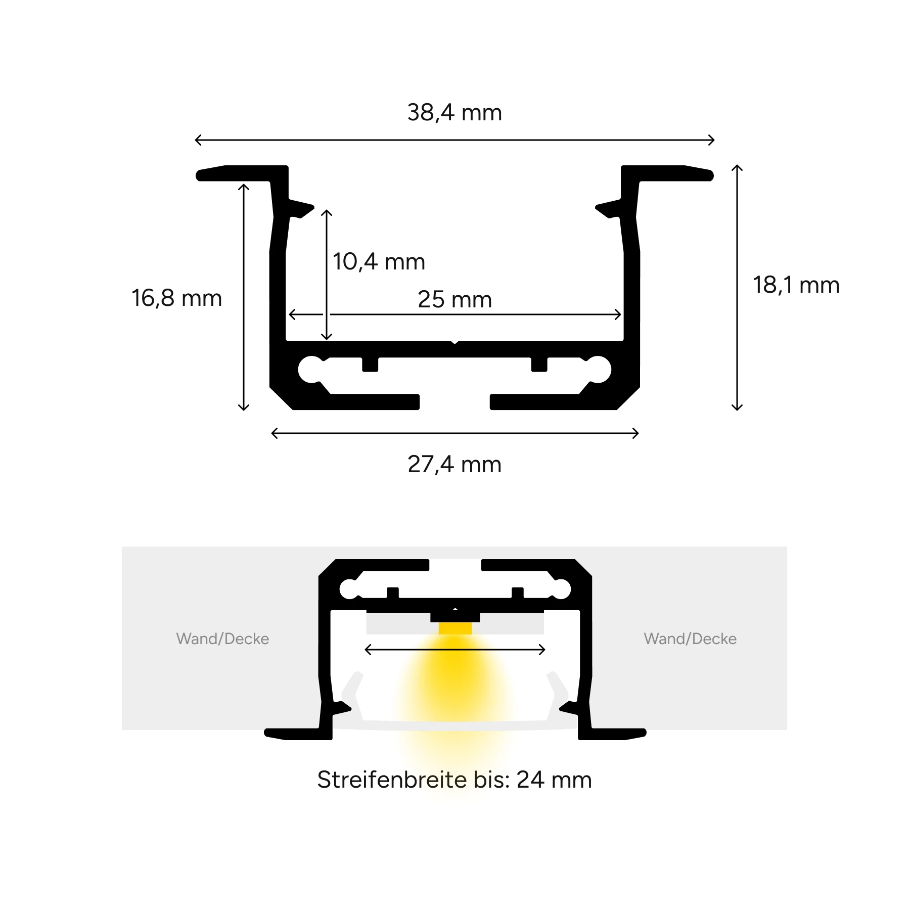 24V  Aluminium Einbau LED Leiste – RGB – diffuse Abdeckung - 23 cm mit 14 SMD LEDs - 3 Watt - 140 Lumen
