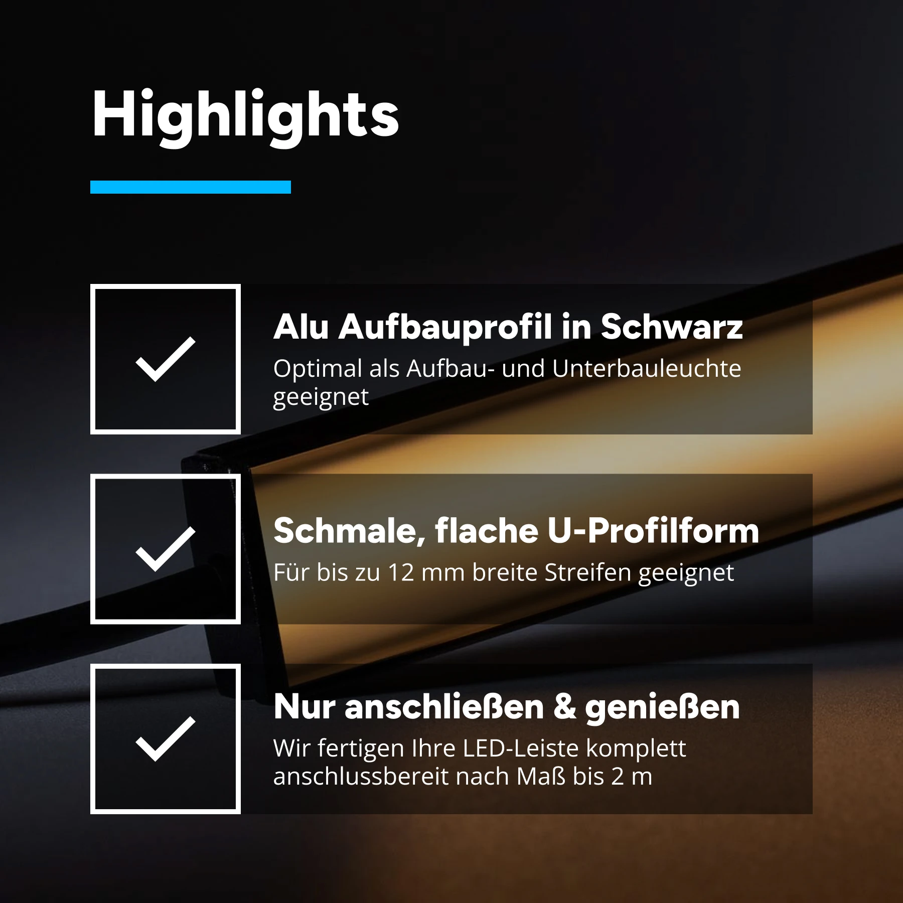 24V Black Line Slim Aluminium LED Leiste - COB - warmweiß - schwarze Abdeckung - 33cm - 144 LED Chips - 4 Watt - 360 Lumen - mit Ausgangskabel (zum Anschluss einer weiteren LED Leiste) - kein Anschlußkabel zum Netzteil