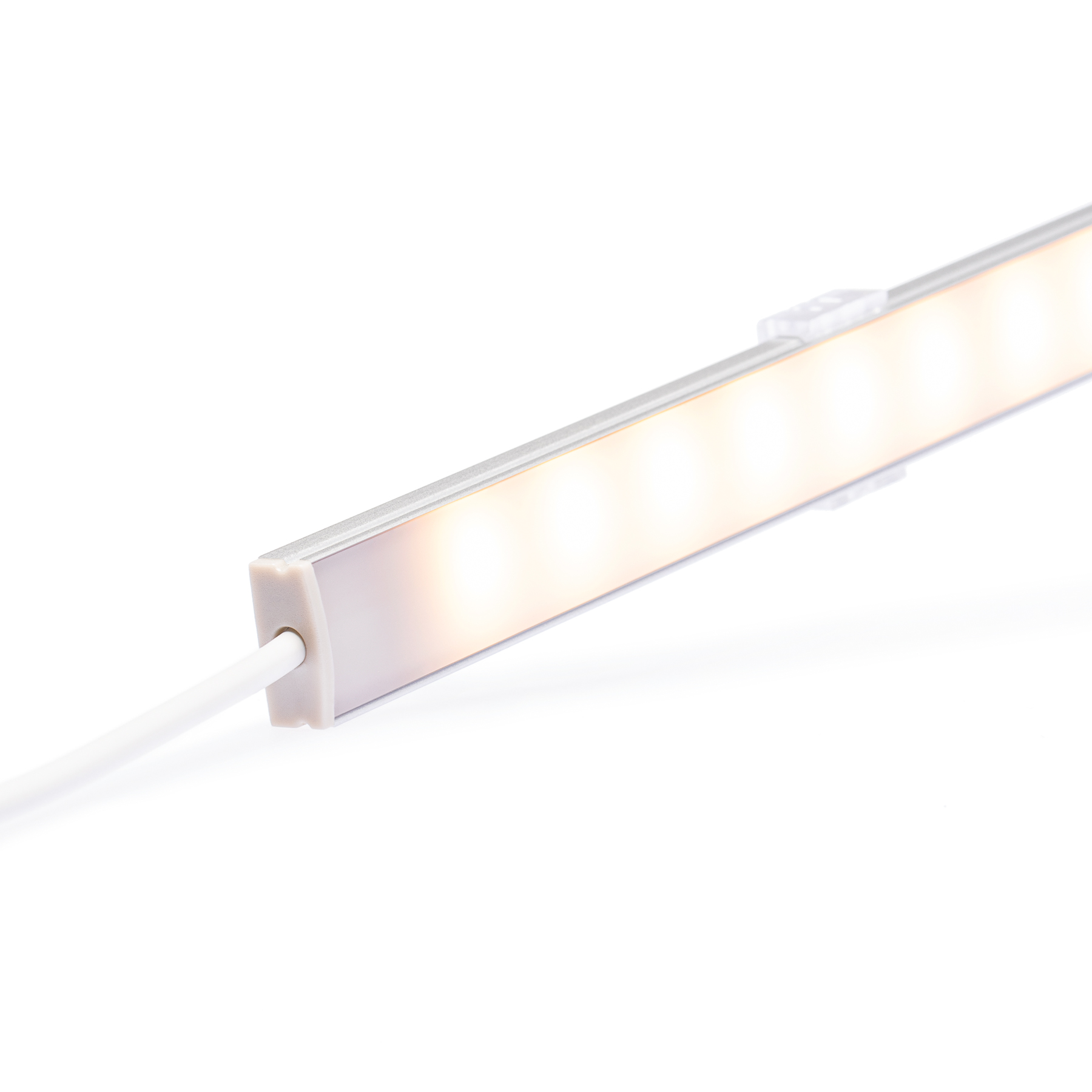 12V Slim-Line Aluminium LED Leiste - warmweiß - diffuse Abdeckung - kein Anschlußkabel zum Netzteil - mit Ausgangskabel ( zum Anschluss einer weiteren LED- Leiste ) - 33cm - 18 LEDs - 3,3 Watt - 210 Lumen