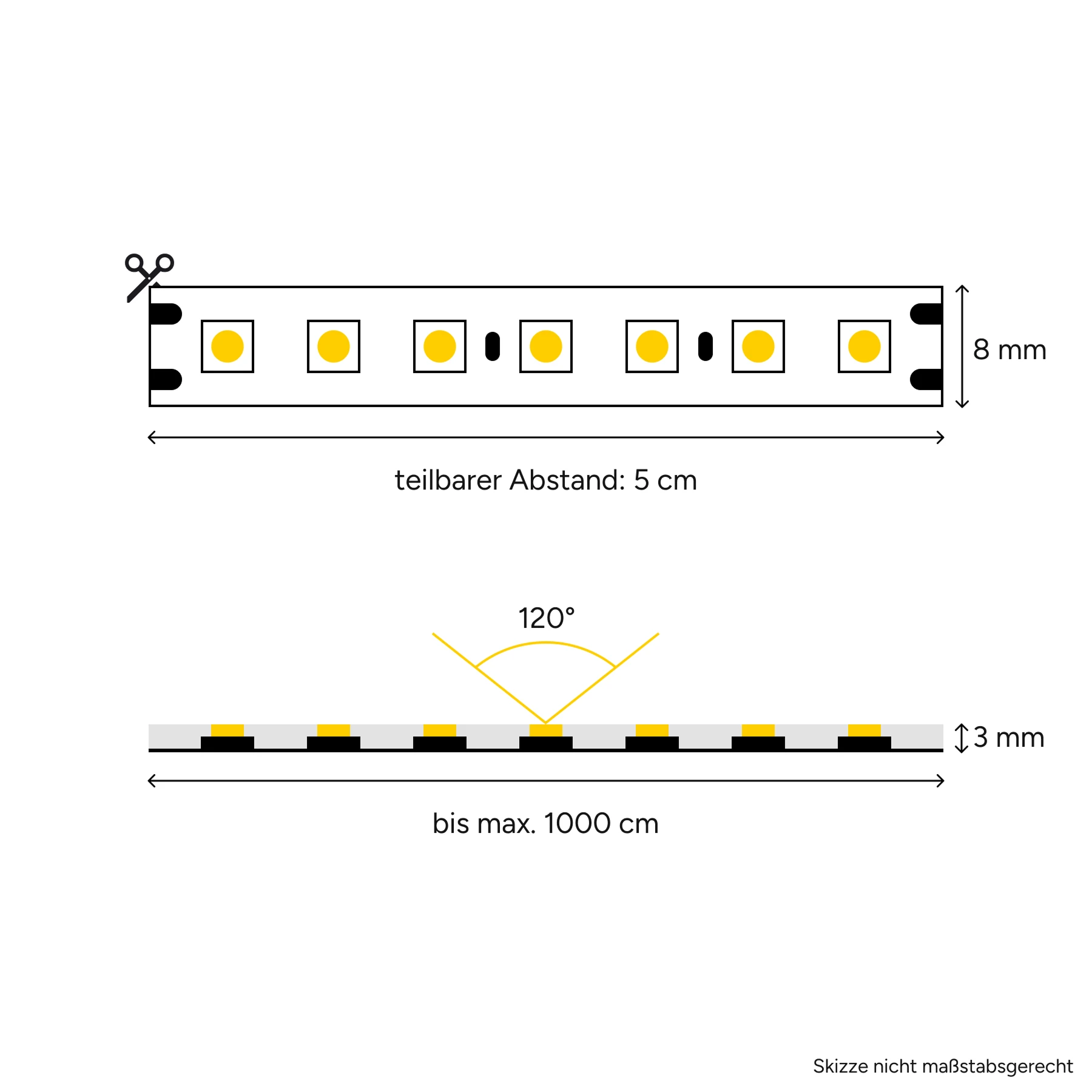 24V wasserfester LED Streifen - weiß - IP65 - 120 LEDS je Meter - alle 5cm teilbar - 350cm - 490 LEDs - 74 Watt - 7700 Lumen - 20cm Eingangskabel Plug & Play wasserfest 2polig