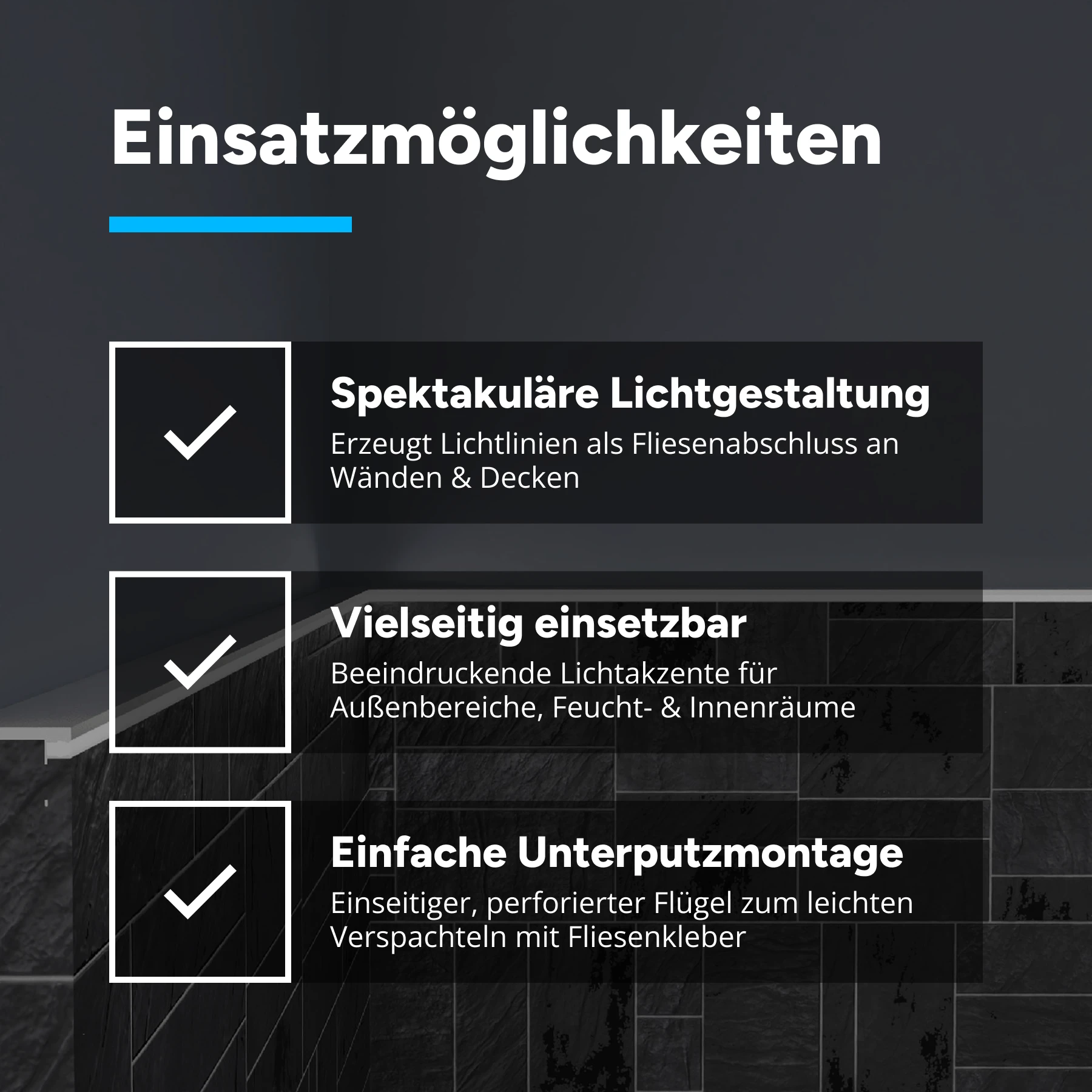 Aluminium LED Profil Fliesenabschluss, schmal, 2,78 x 1,1 x 42cm - ohne Abdeckung - 2er Set - einseitig mit Loch