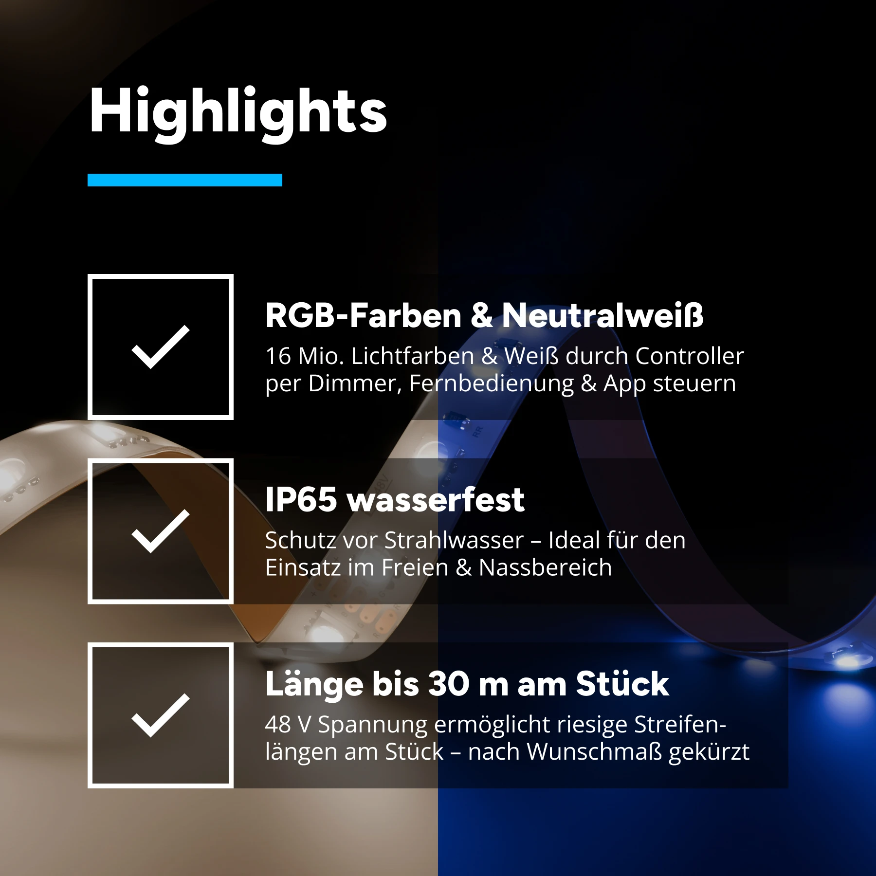 48V wasserfester LED Streifen - RGBW - IP65 - 72 LEDs je Meter - alle 16,7cm teilbar - 1216,7cm - 876 LED Chips - 140 Watt - 4038 Lumen - 100cm Eingangskabel mit offenen Kabelenden 5polig