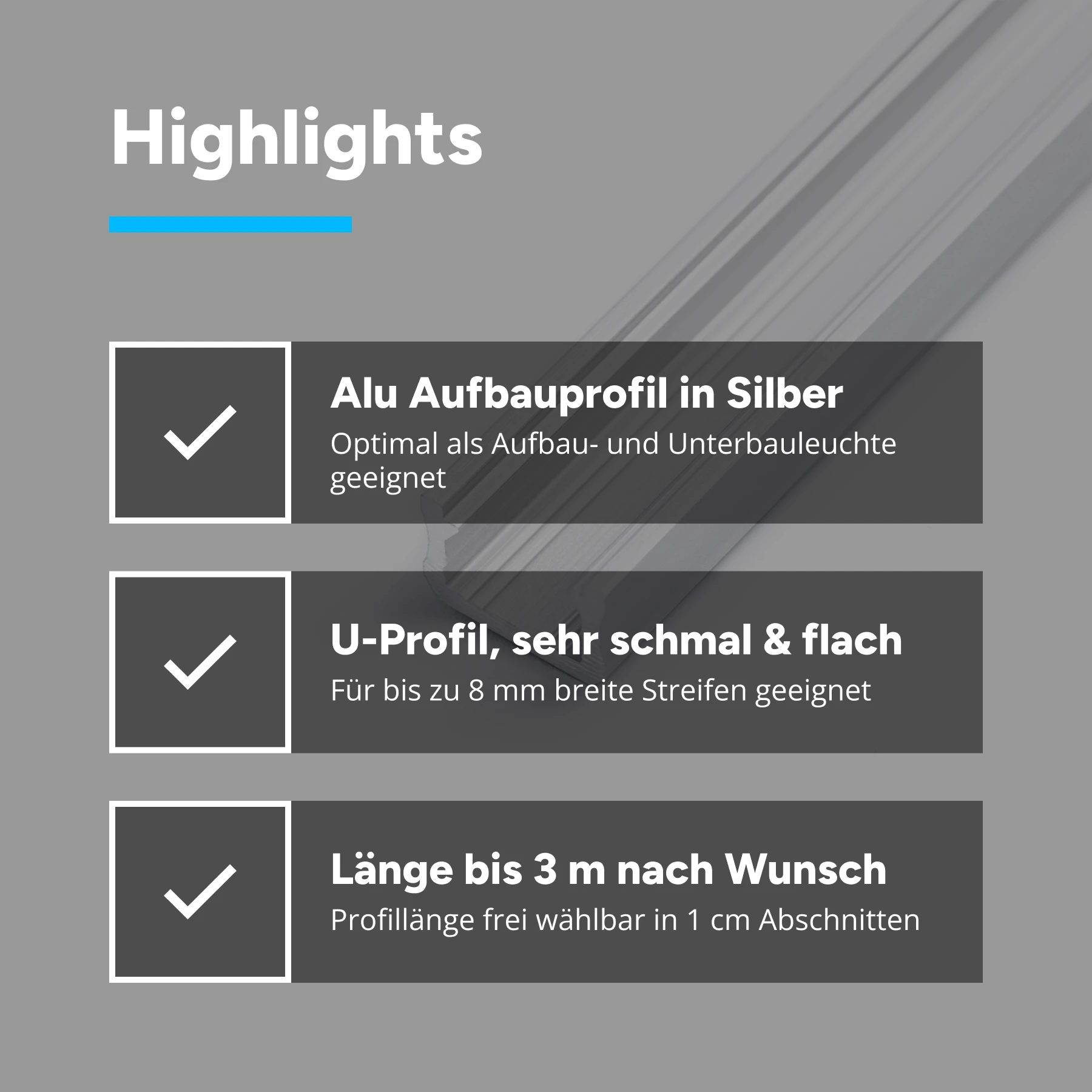 Aluminium LED Aufputz Profil, mini, 1,2 x 0,8 x 15cm - ohne Abdeckung - ohne Endkappen