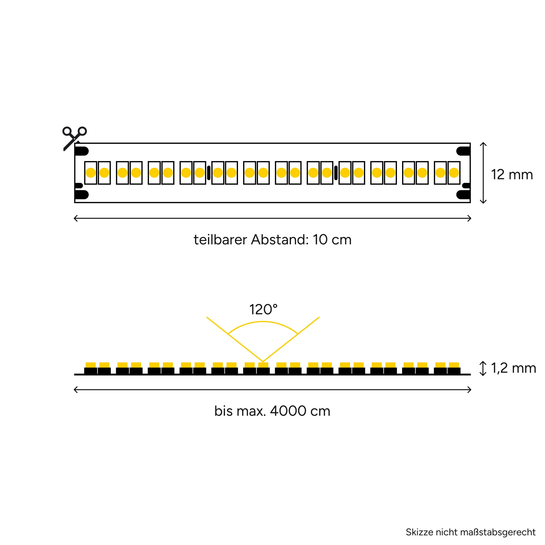 48V LED Streifen - einstellbare Farbtemperatur - alle 10cm teilbar - 12mm breit - 10cm - 24 LED Chips - 1,1 Watt - 110 Lumen - mit 15cm Eingangskabel