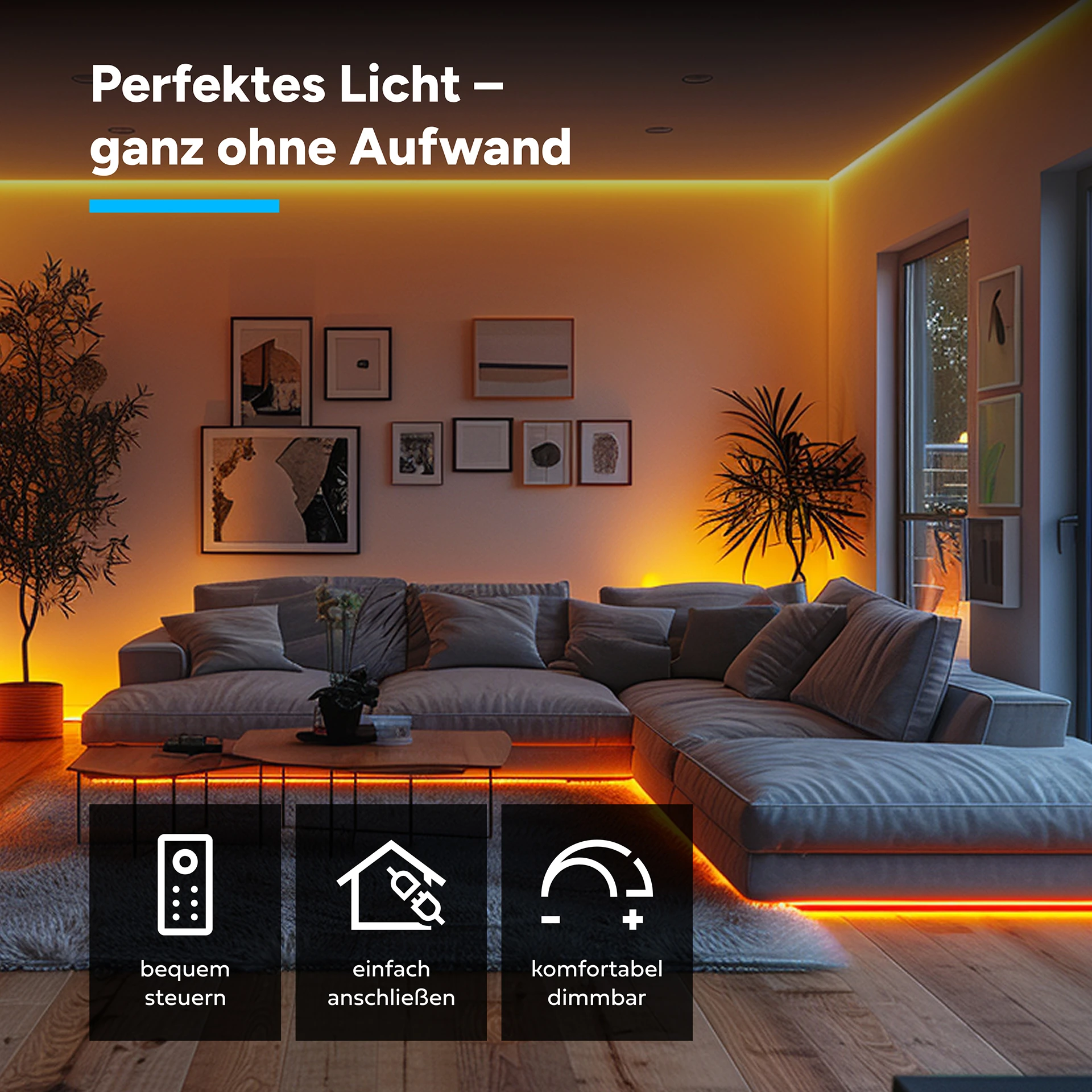 24V LED Streifen Set, 500 cm, Lichtfarbe warmweiß, mit Netzteil und schwarzer Fernbedienung