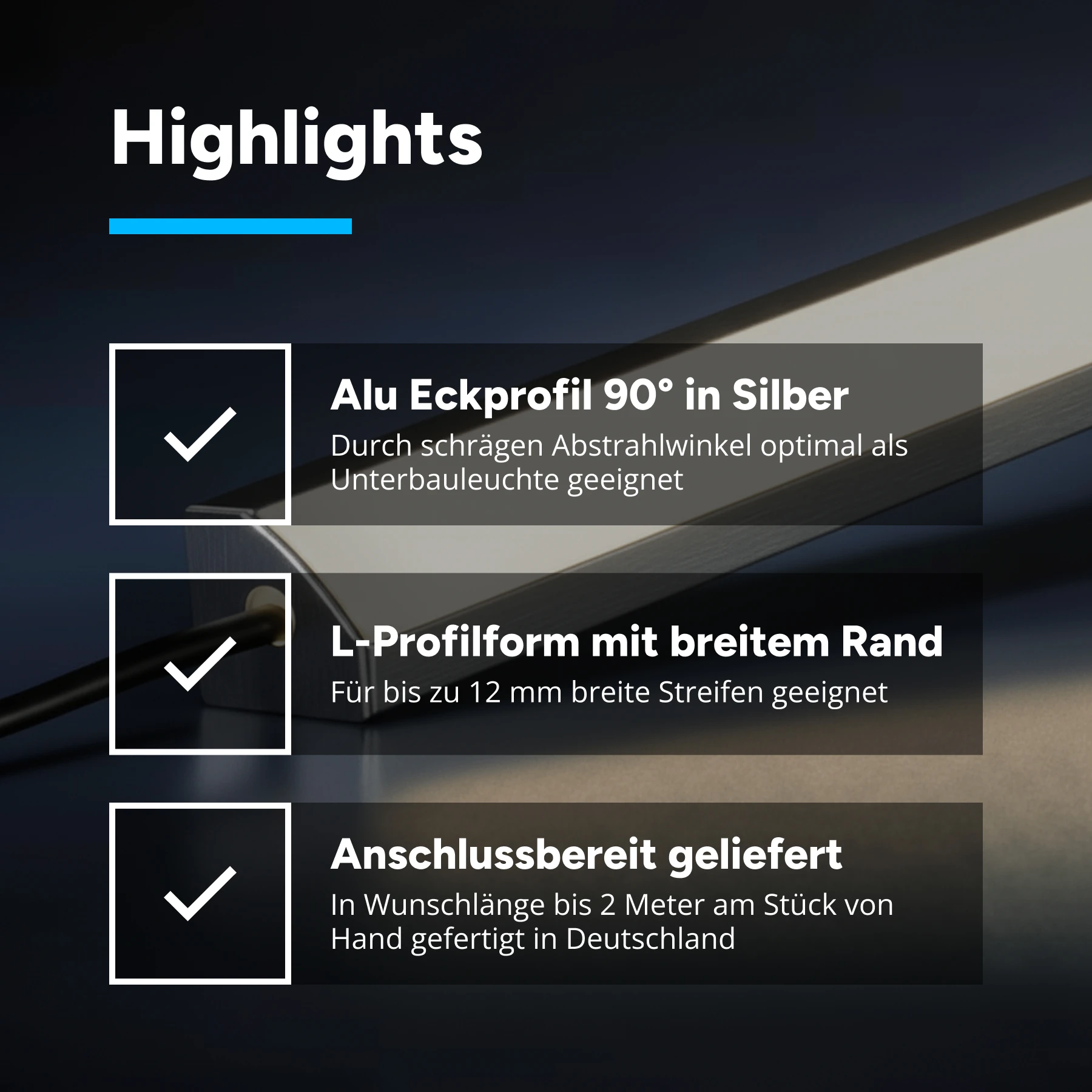 24V Aluminium LED Eckleiste - COB - neutralweiß - diffuse  Abdeckung - kein Anschlußkabel zum Netzteil - 33cm - 144 LED Chips - 4 Watt - 360 Lumen