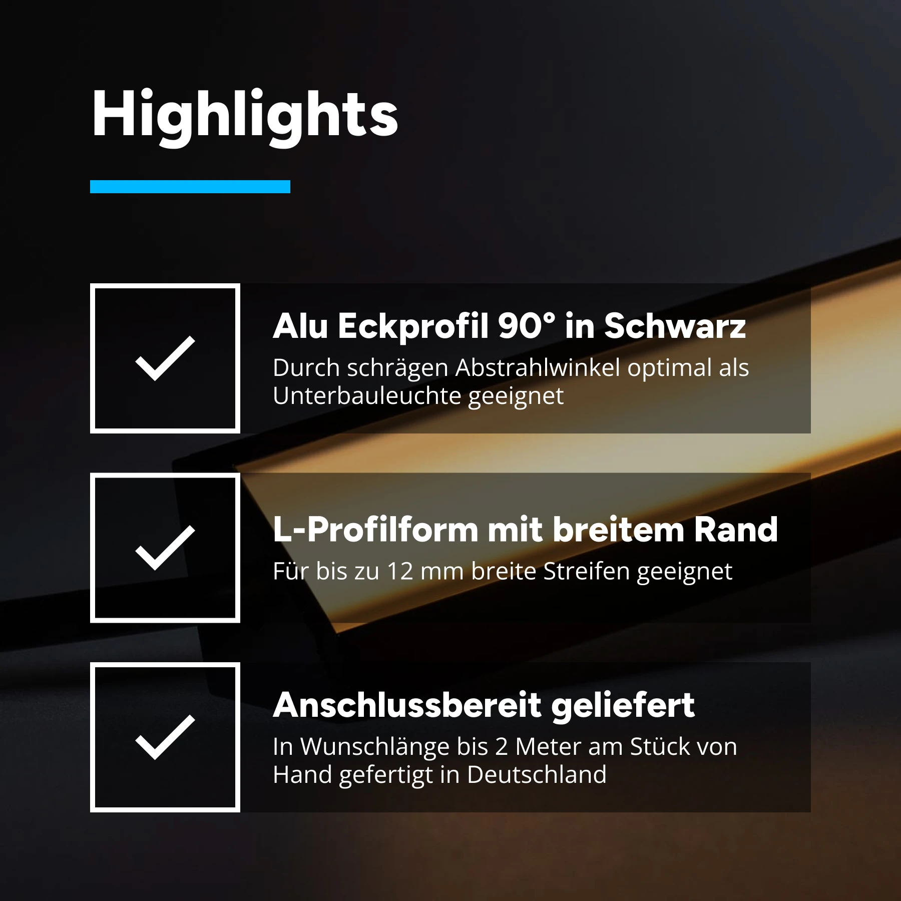 24V Black Line LED Eckleiste - COB - warmweiß - schwarze Abdeckung - 33cm - 144 LED Chips - 4 Watt - 360 Lumen - kein Anschlußkabel zum Netzteil - mit Ausgangskabel ( zum Anschluss einer weiteren LED- Leiste )