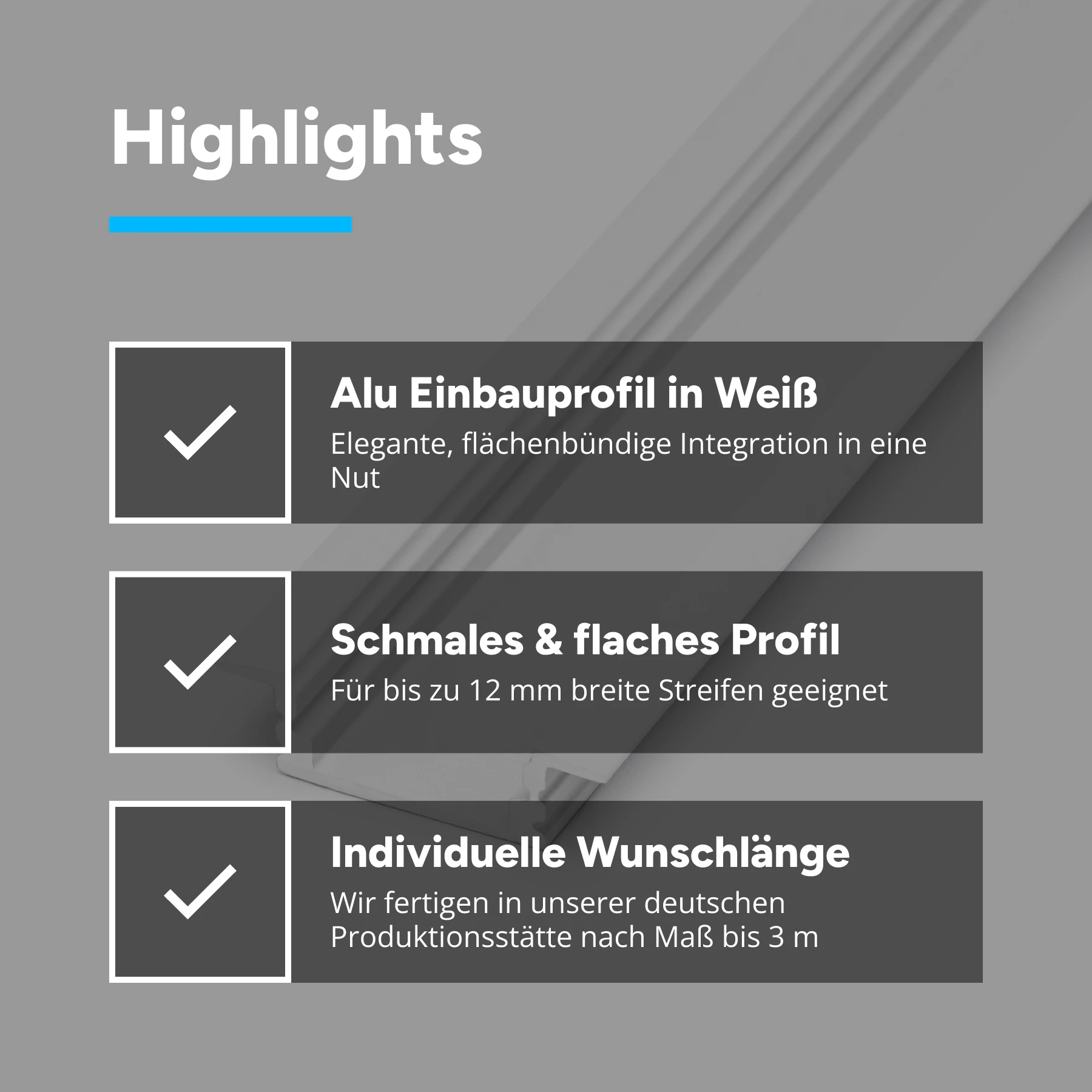 weißes Aluminium LED Einbau Profil, slim, 2,32 x 0,8 x 15cm - ohne Abdeckung - ohne Endkappen