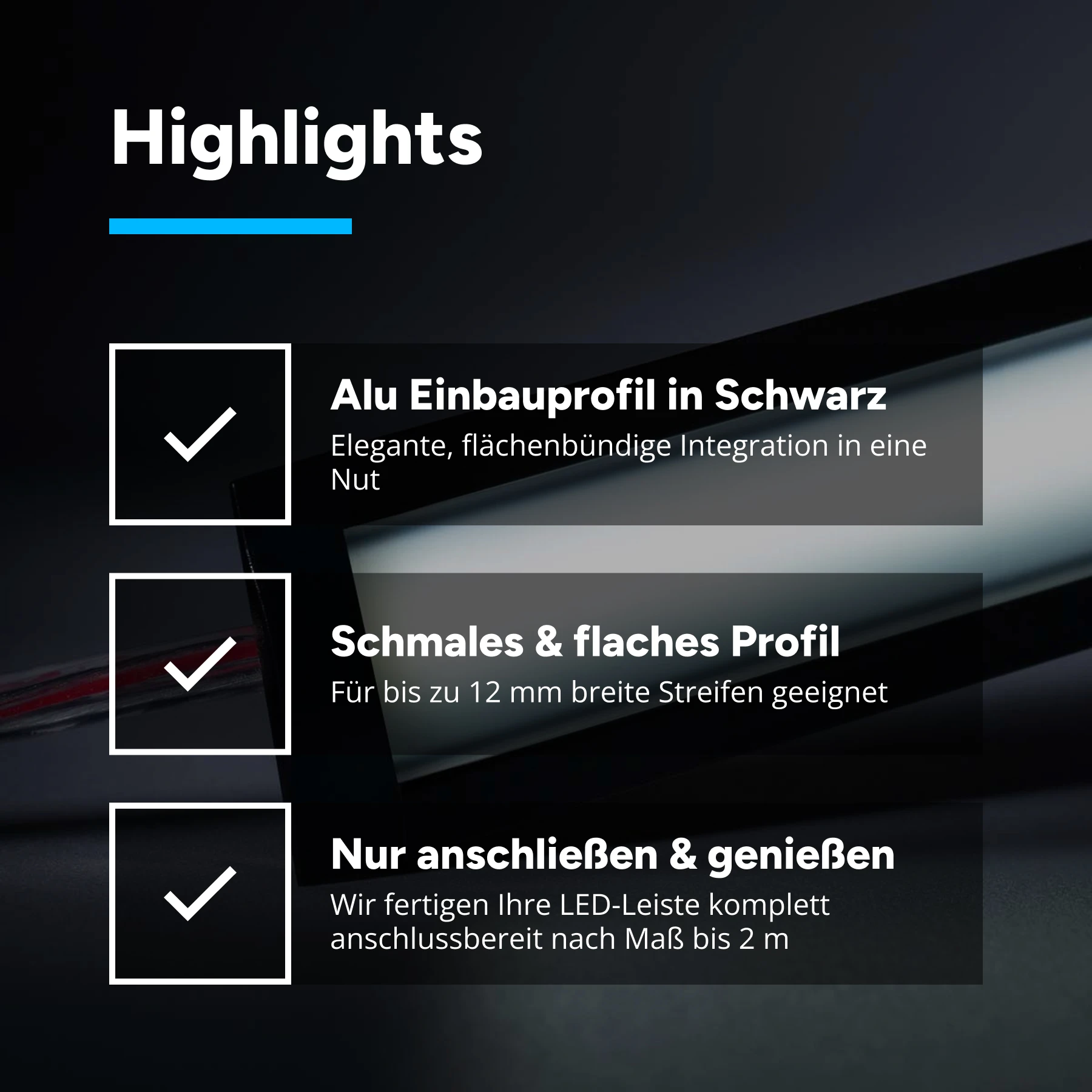 24V Black Line Aluminium Einbau LED Leiste - COB - weiß - schwarze Abdeckung - 33cm - 144 LED Chips - 4 Watt - 360 Lumen