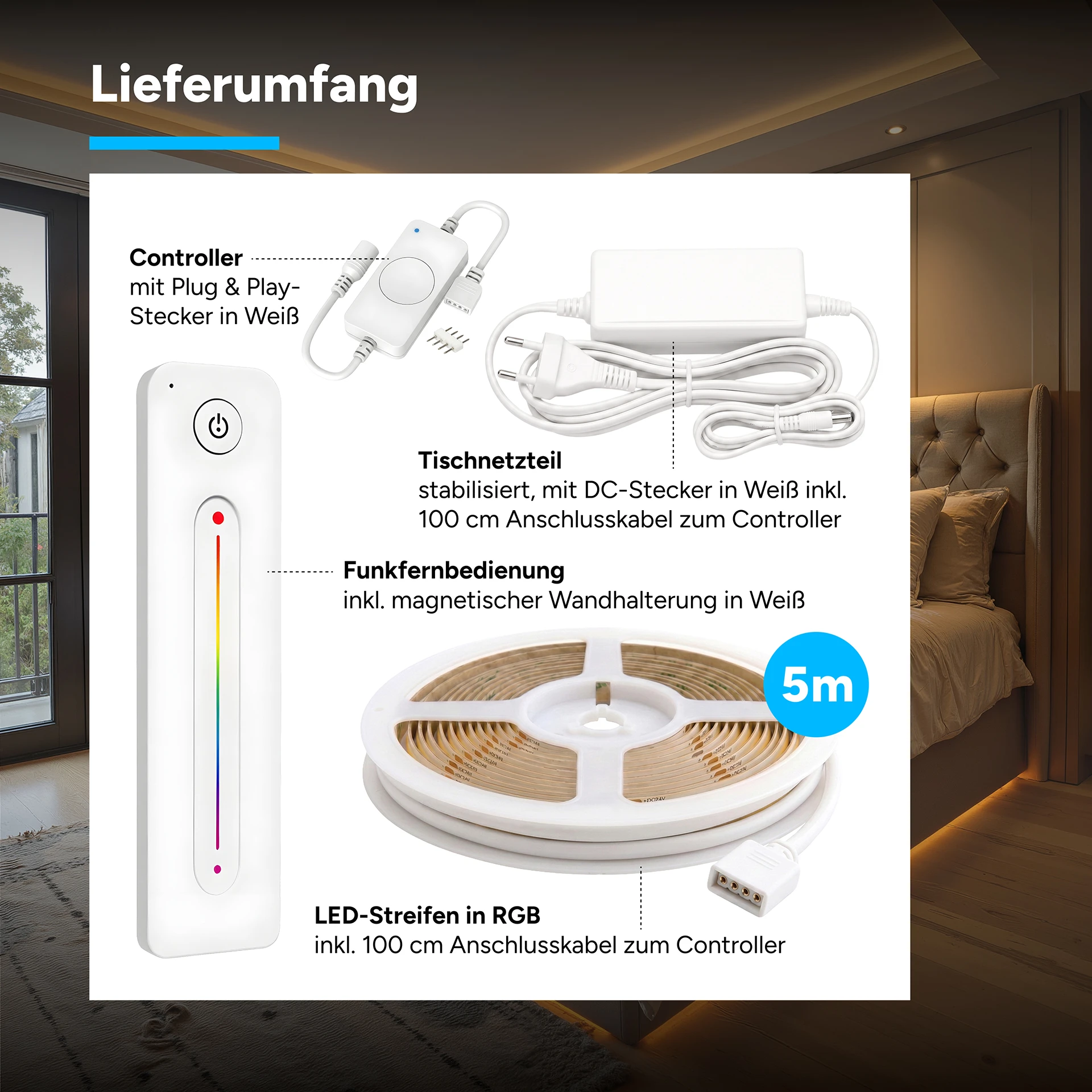 24V LED Streifen Set, 500 cm, Lichtfarbe RGB, mit Netzteil und weißer Fernbedienung